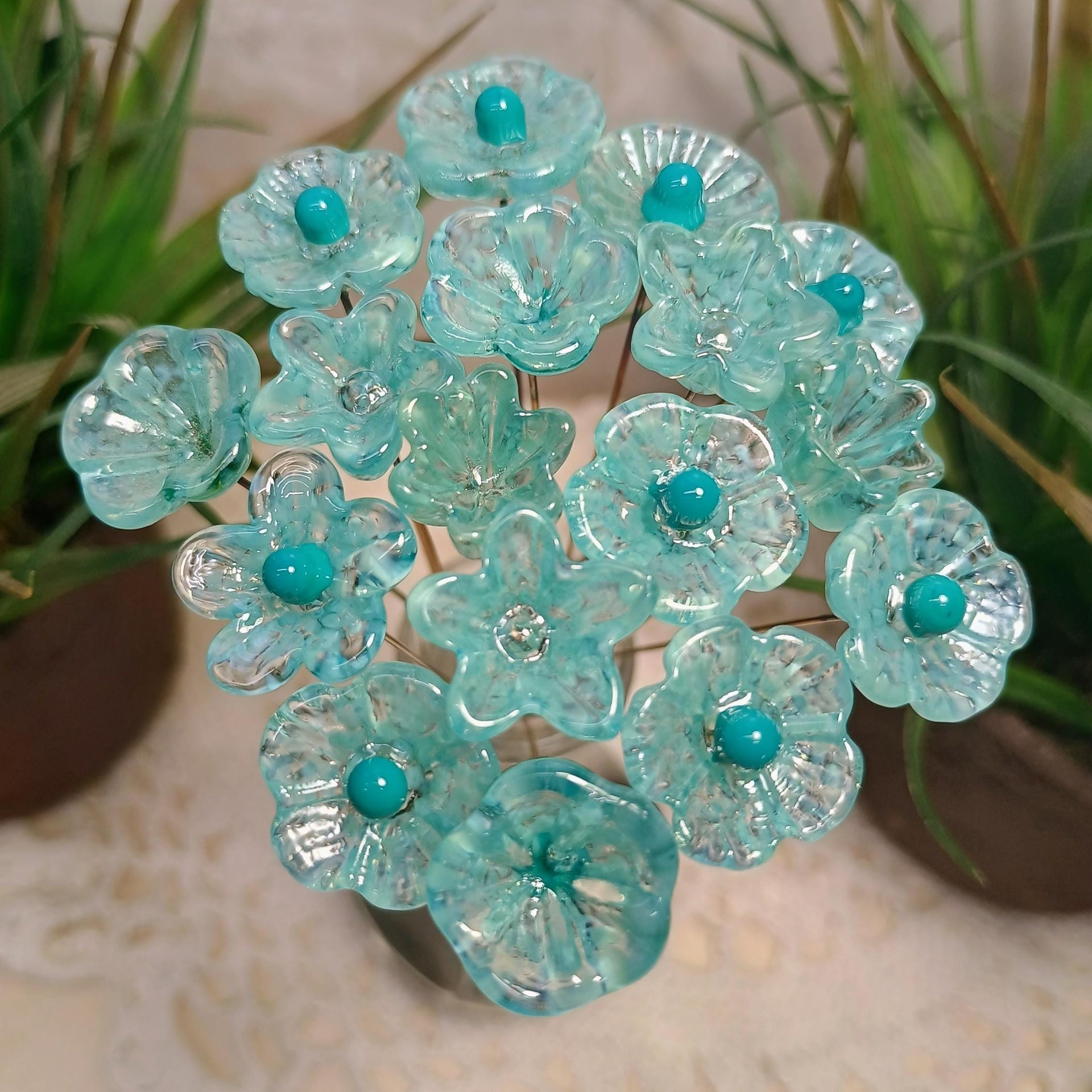 Seafoam miniature glass flower headpins, tiny small mini glass flowers on wire for jewelry, home decor, bouquet, weddings, cake decorating