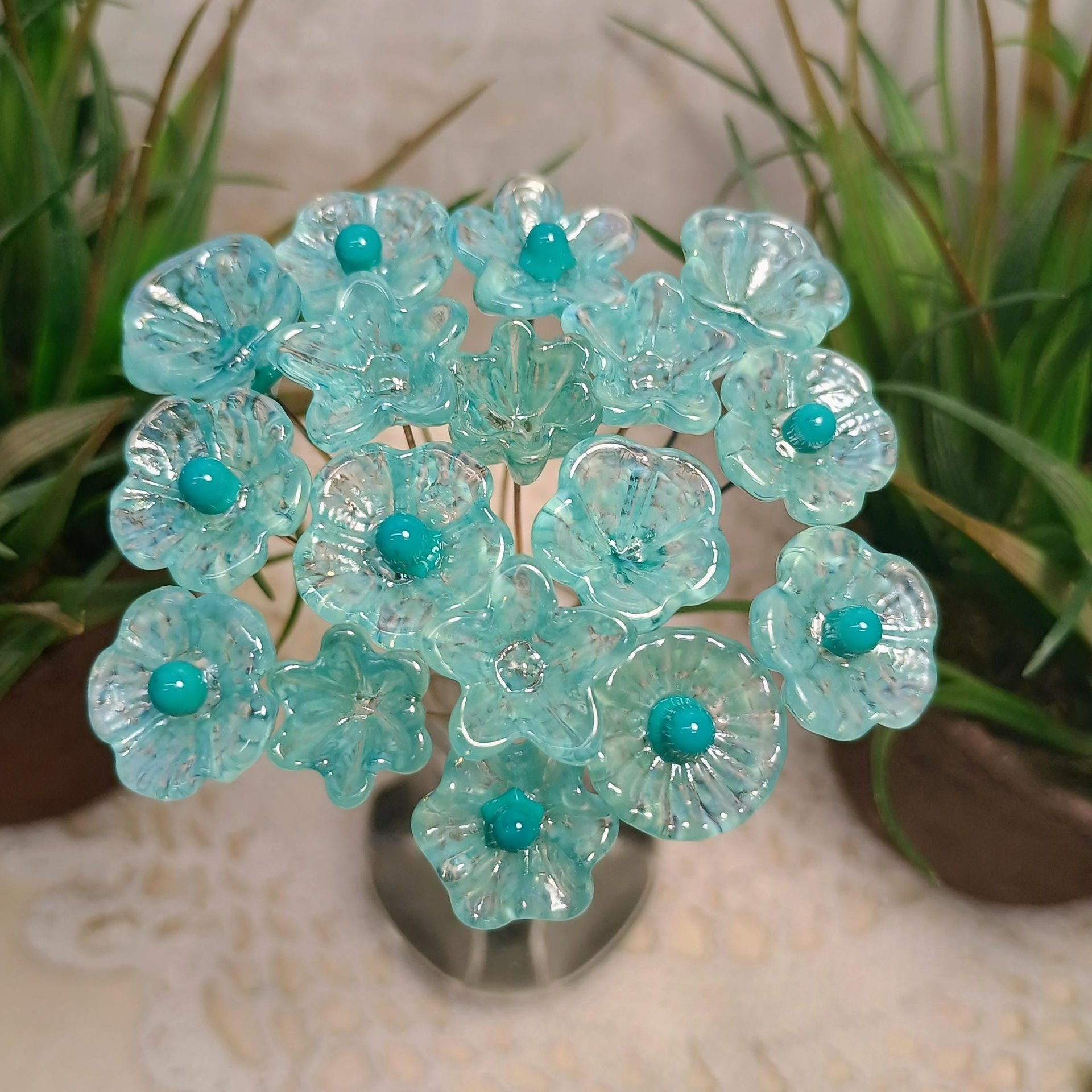 Seafoam miniature glass flower headpins, tiny small mini glass flowers on wire for jewelry, home decor, bouquet, weddings, cake decorating