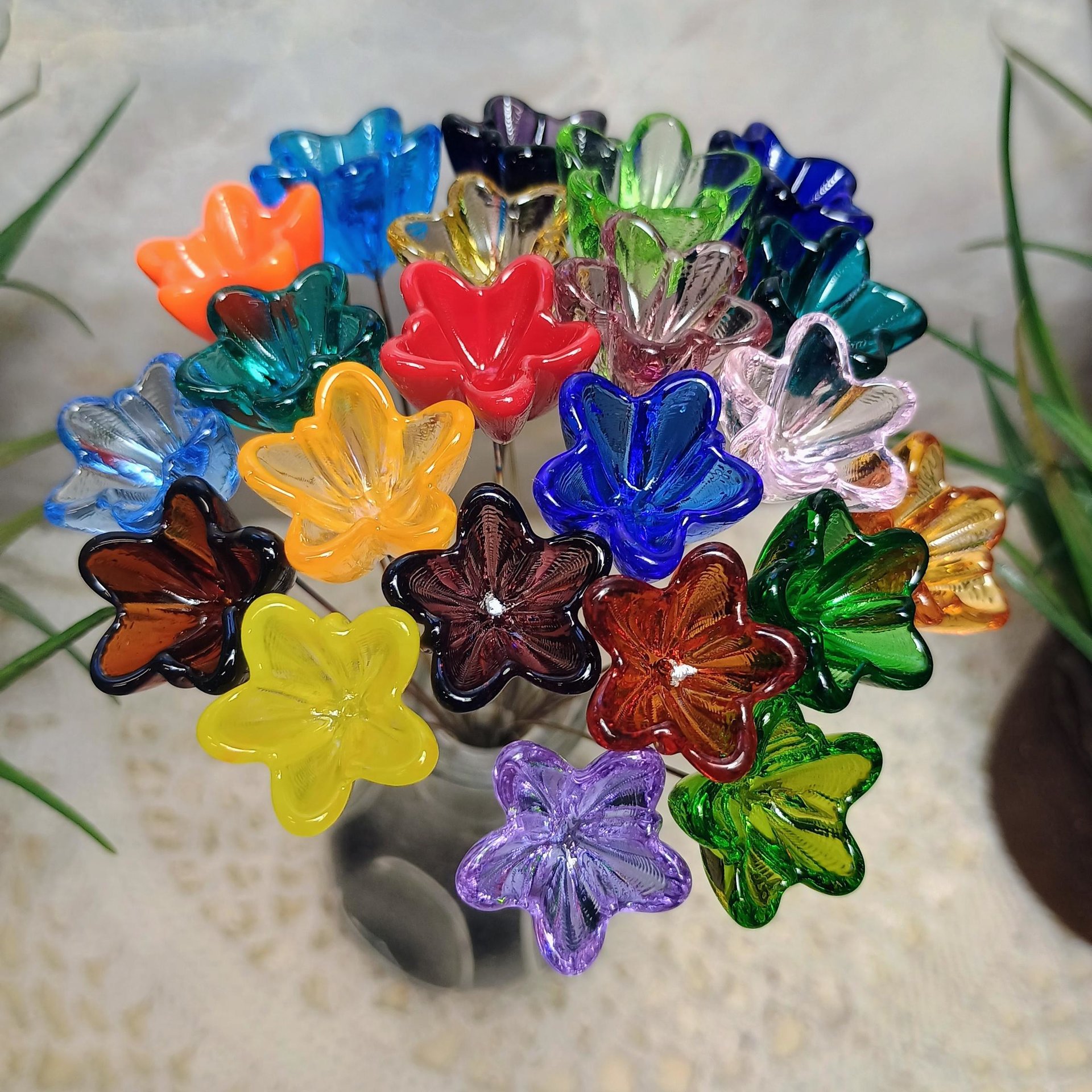 NEW Larger 20mm size! Large glass Starflower on 5in wire. Use in floral bouquet, plant pick, jewelry, gift, wedding, mixed media, plant pick