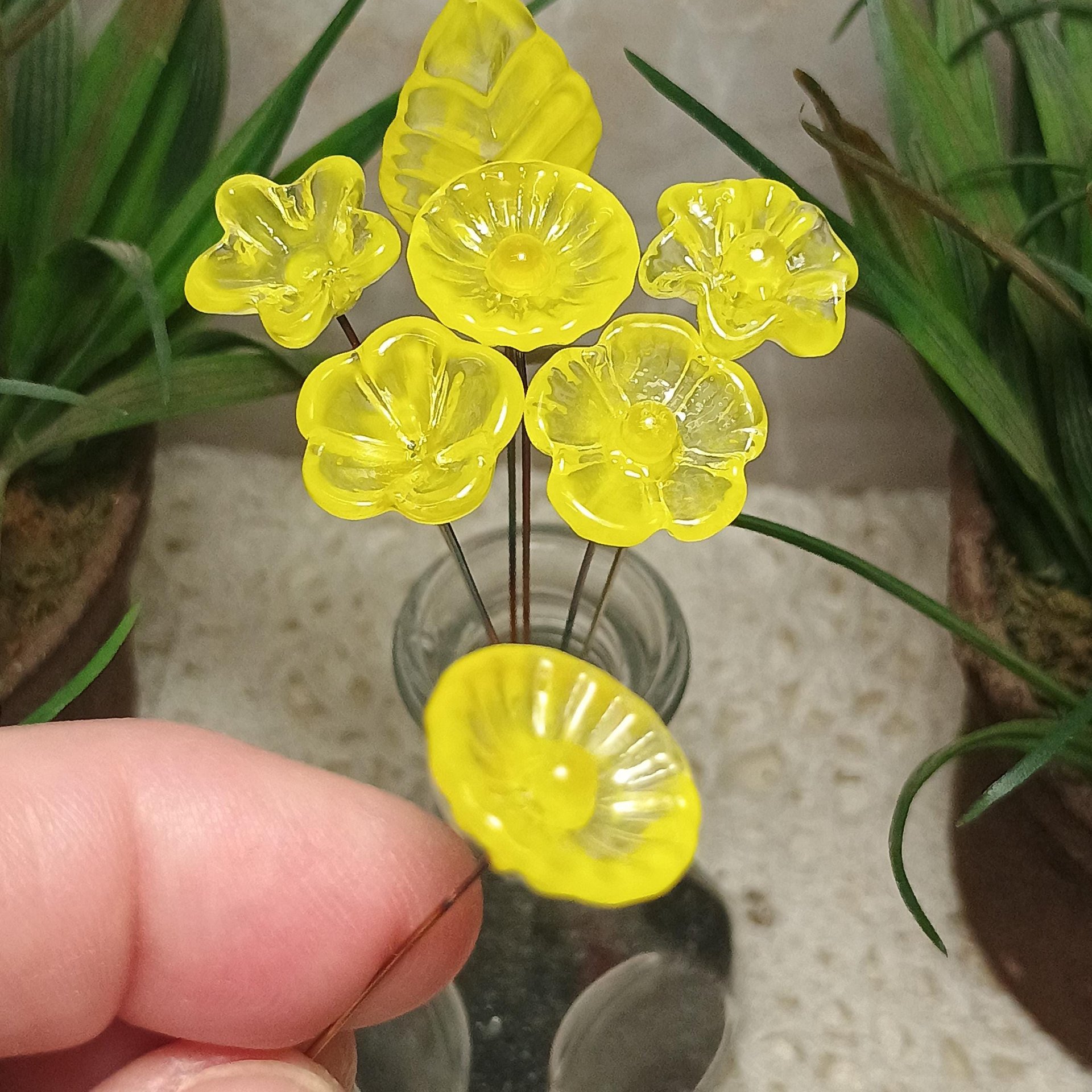 Bright Yellow Glass Flowers: Lampwork headpins yellow and clear wispy; Jewelry Making, wedding decor, place settings, each handcrafted by me