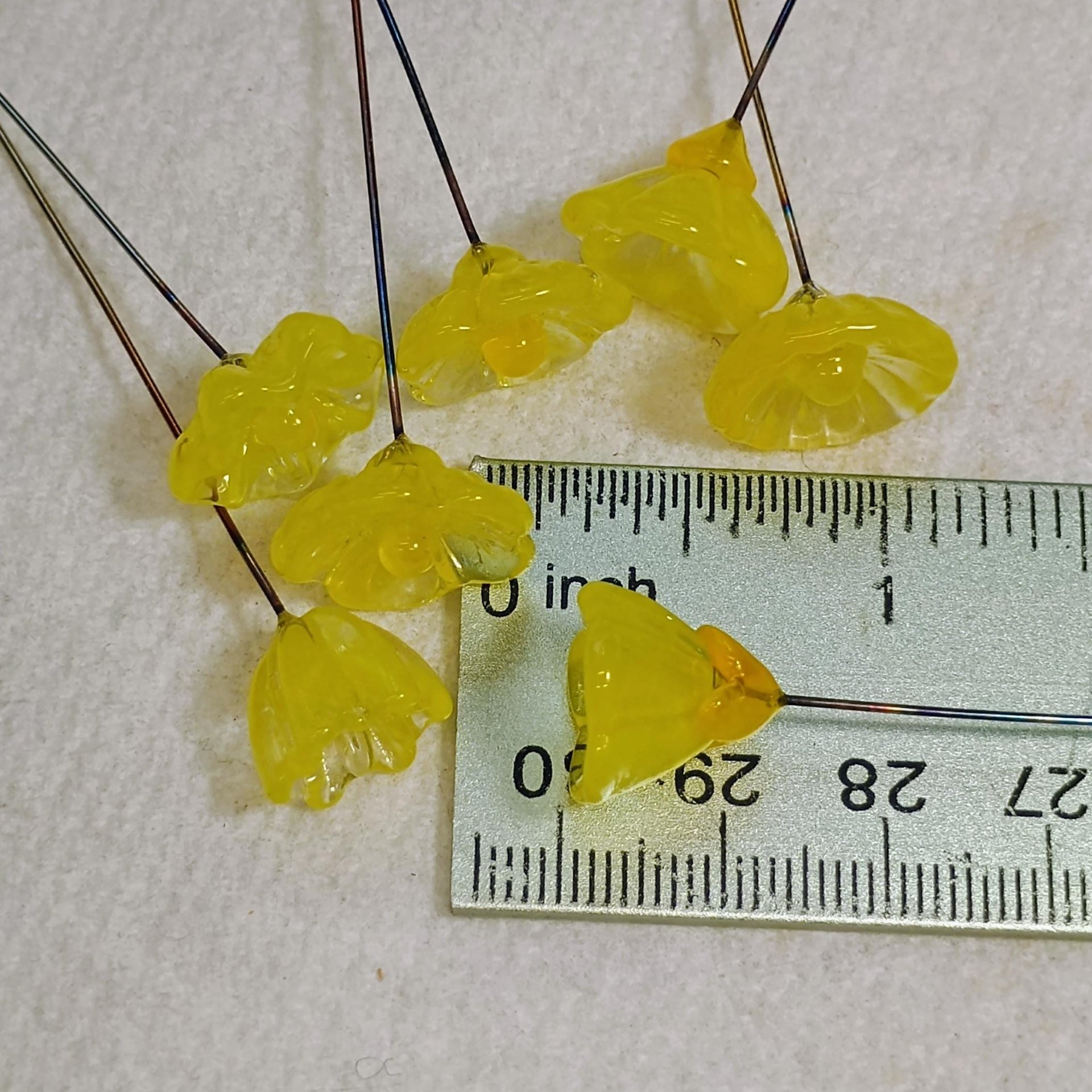 Bright Yellow Glass Flowers: Lampwork headpins yellow and clear wispy; Jewelry Making, wedding decor, place settings, each handcrafted by me