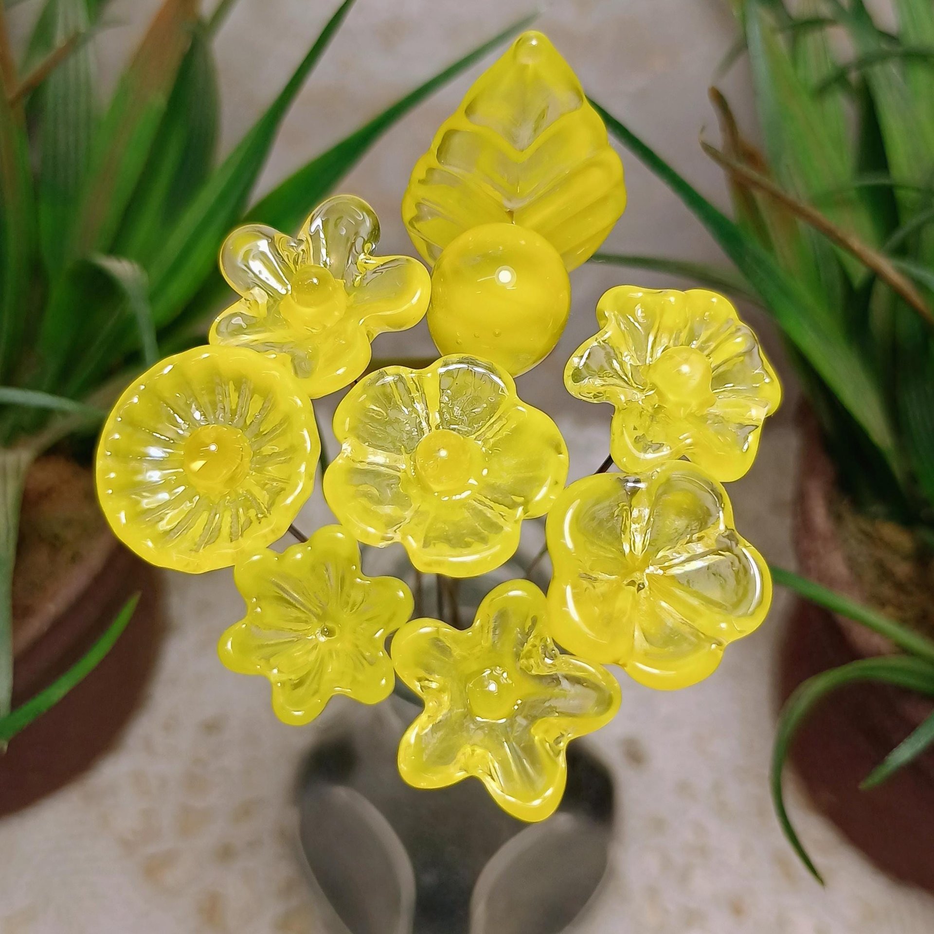 Bright Yellow Glass Flowers: Lampwork headpins yellow and clear wispy; Jewelry Making, wedding decor, place settings, each handcrafted by me