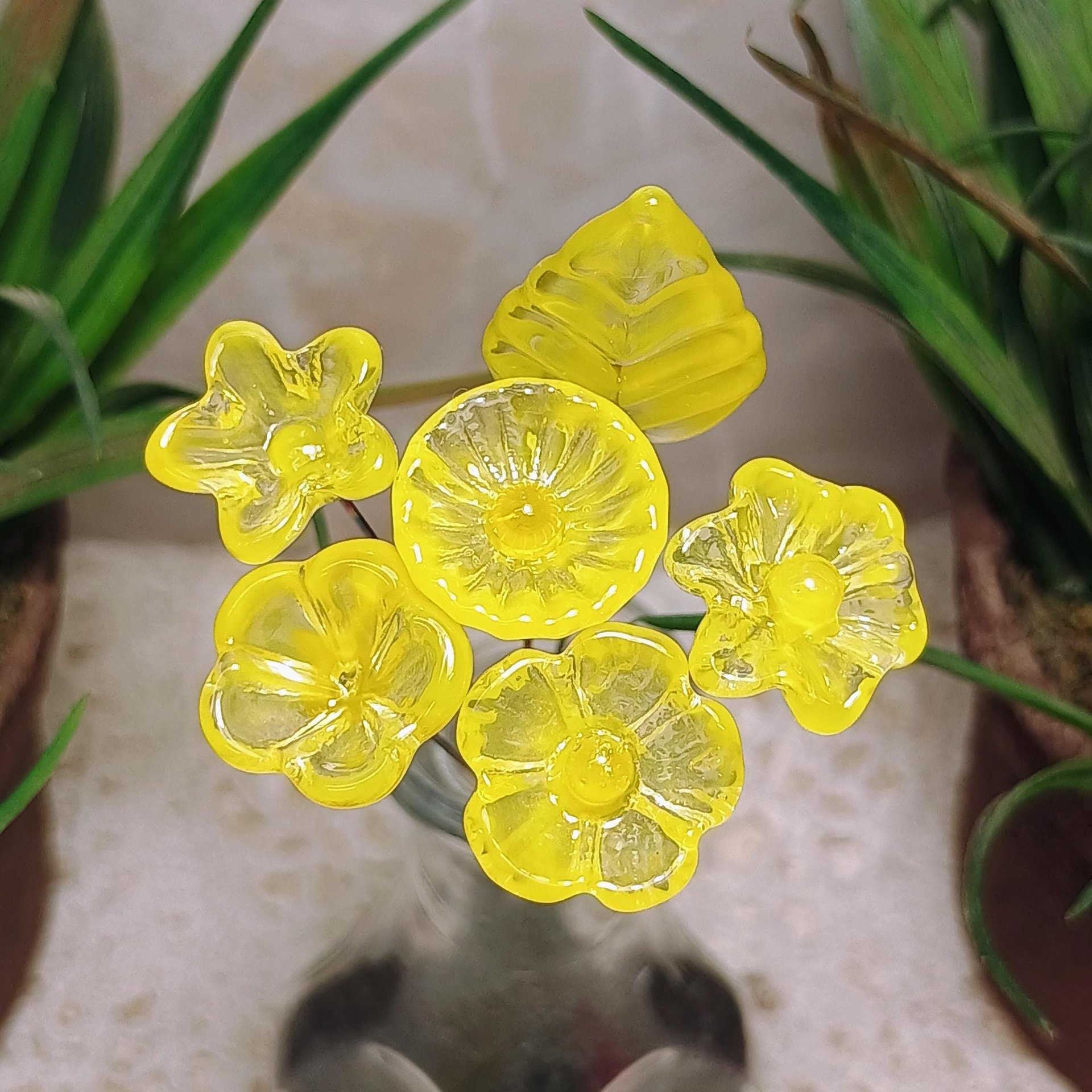 Bright Yellow Glass Flowers: Lampwork headpins yellow and clear wispy; Jewelry Making, wedding decor, place settings, each handcrafted by me