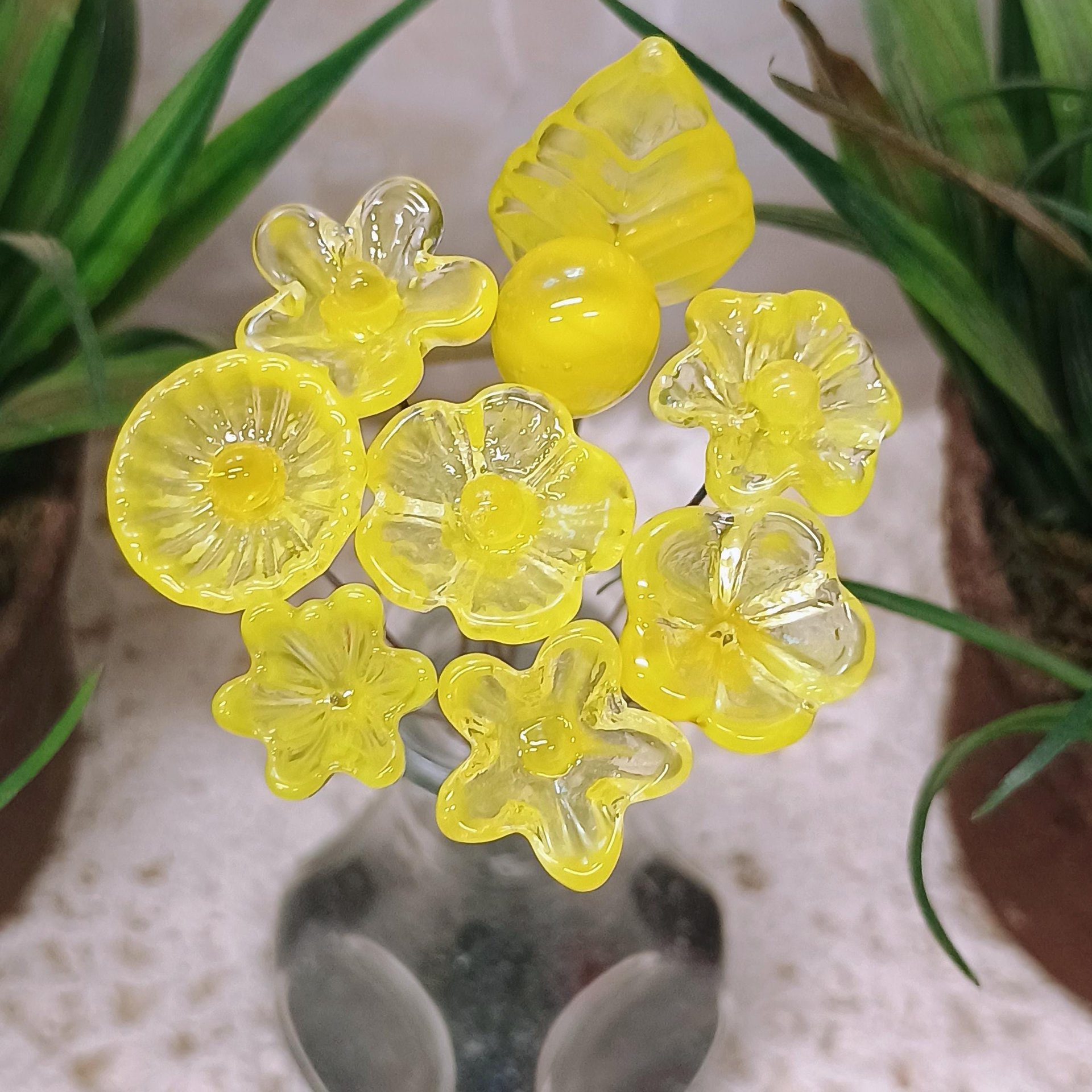 Bright Yellow Glass Flowers: Lampwork headpins yellow and clear wispy; Jewelry Making, wedding decor, place settings, each handcrafted by me