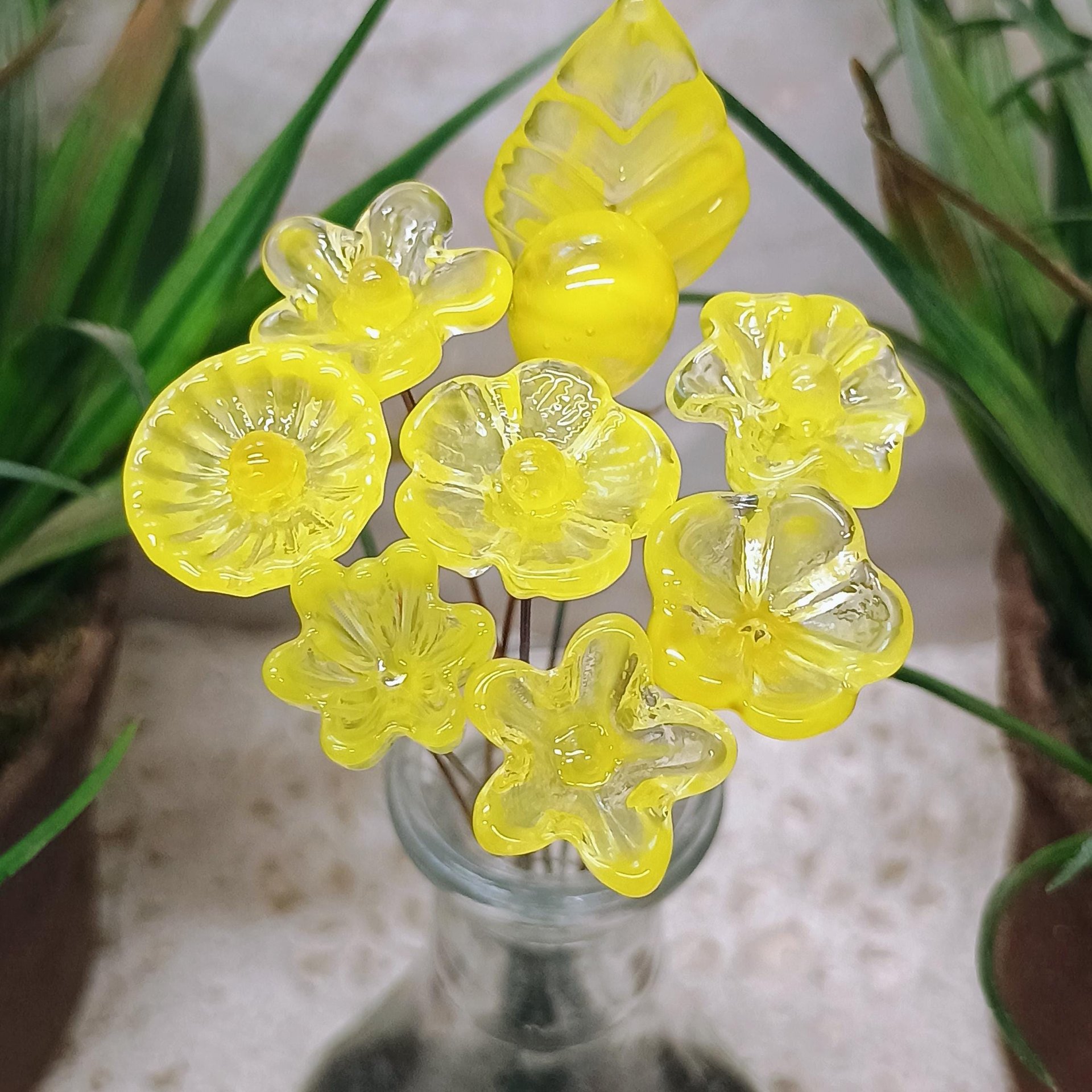 Bright Yellow Glass Flowers: Lampwork headpins yellow and clear wispy; Jewelry Making, wedding decor, place settings, each handcrafted by me