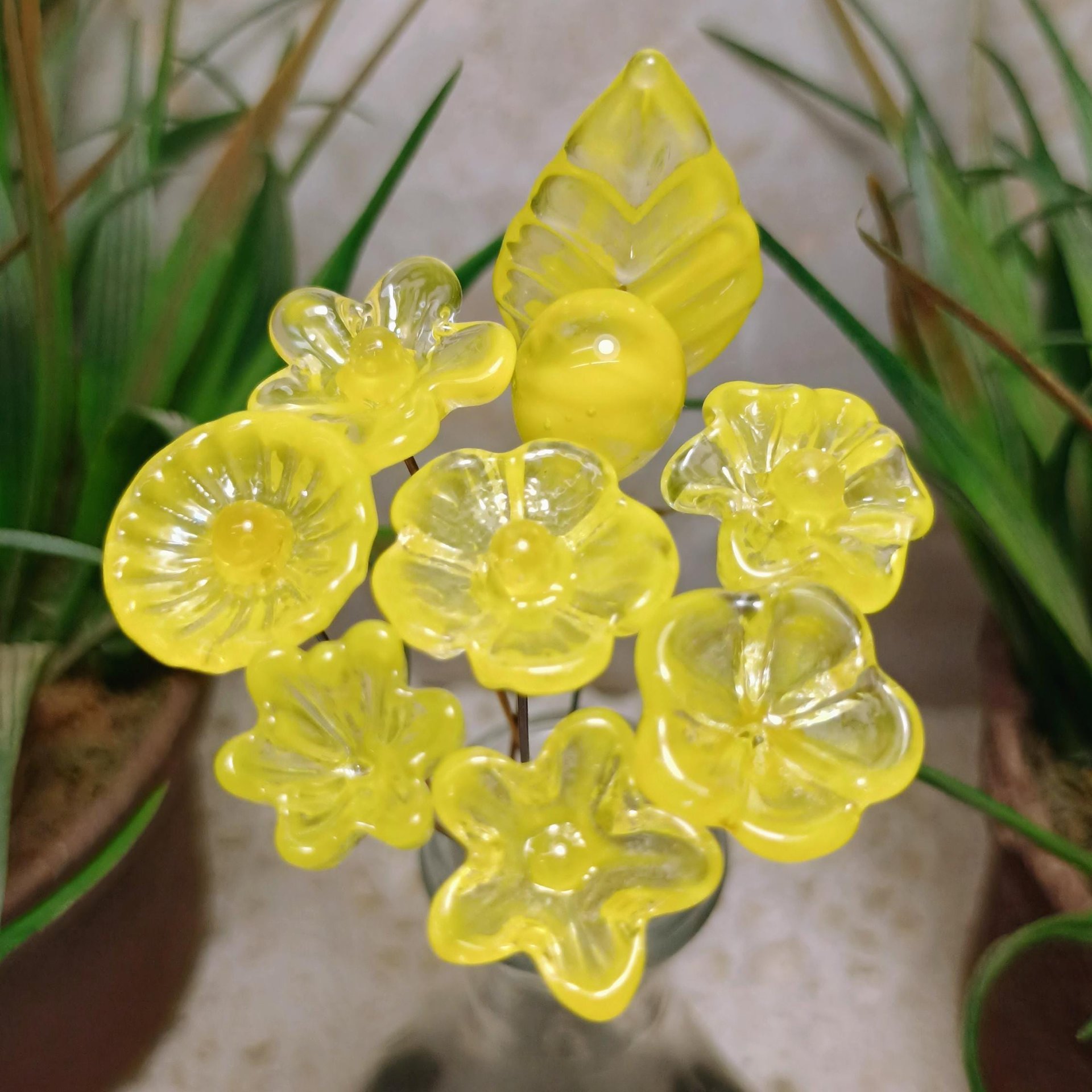 Bright Yellow Glass Flowers: Lampwork headpins yellow and clear wispy; Jewelry Making, wedding decor, place settings, each handcrafted by me