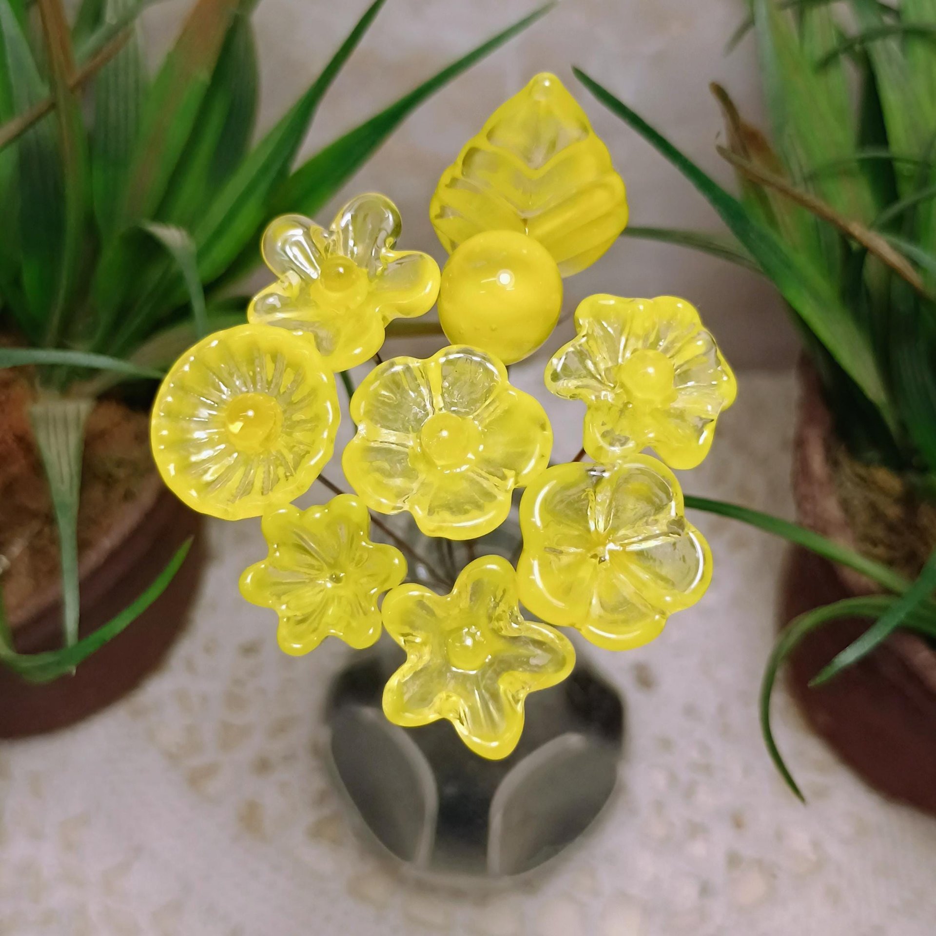 Bright Yellow Glass Flowers: Lampwork headpins yellow and clear wispy; Jewelry Making, wedding decor, place settings, each handcrafted by me