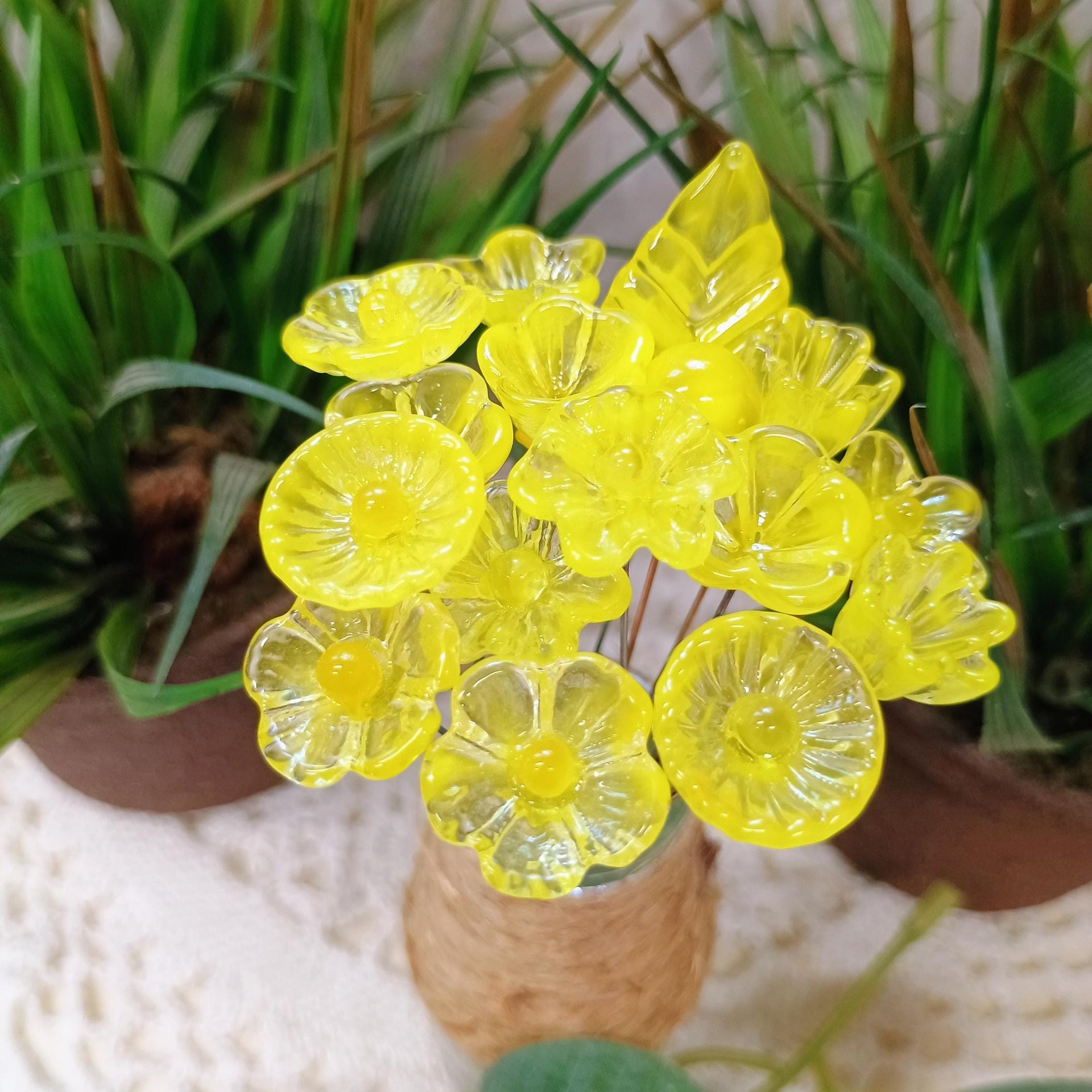 Bright Yellow Glass Flowers: Lampwork headpins yellow and clear wispy; Jewelry Making, wedding decor, place settings, each handcrafted by me
