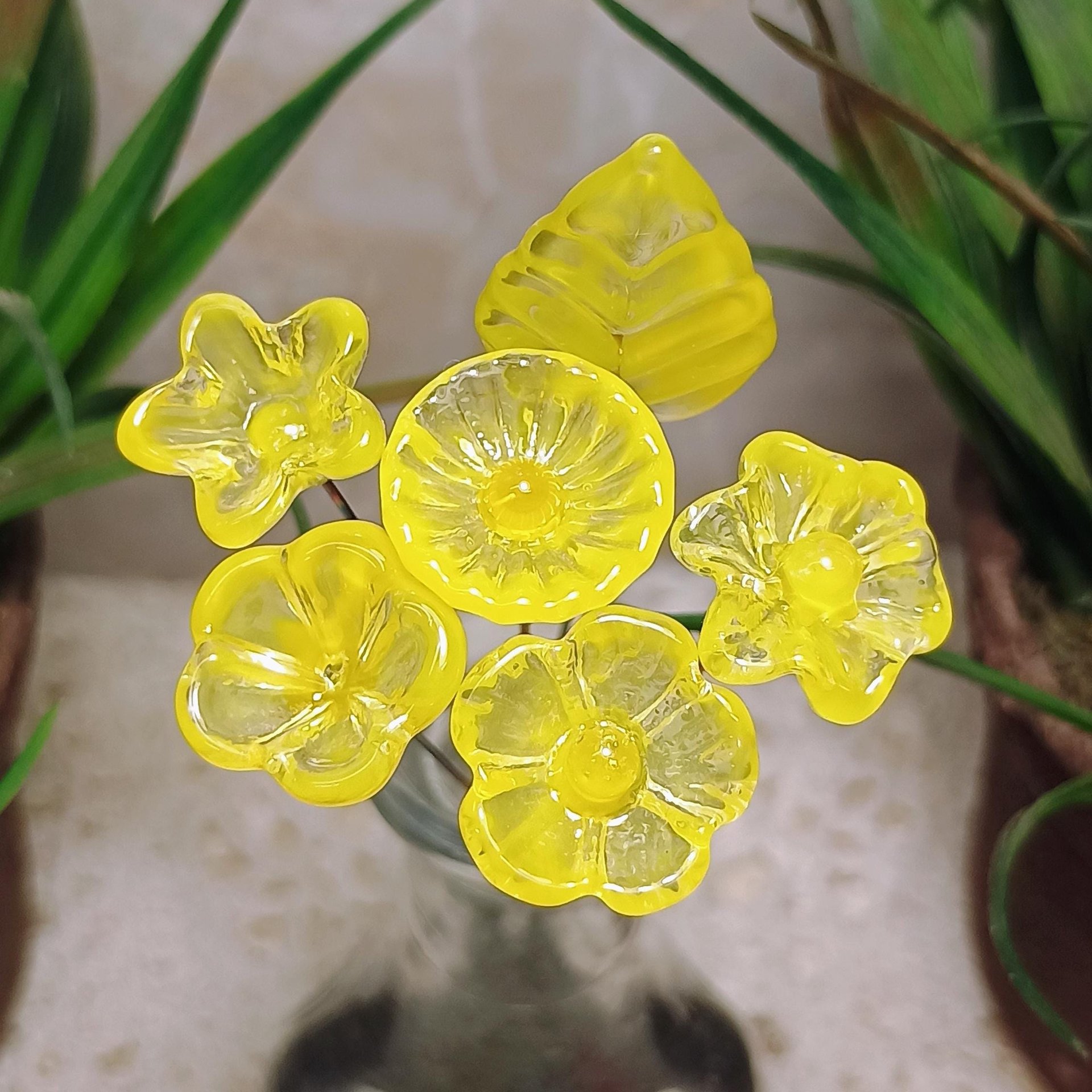 Bright Yellow Glass Flowers: Lampwork headpins yellow and clear wispy; Jewelry Making, wedding decor, place settings, each handcrafted by me