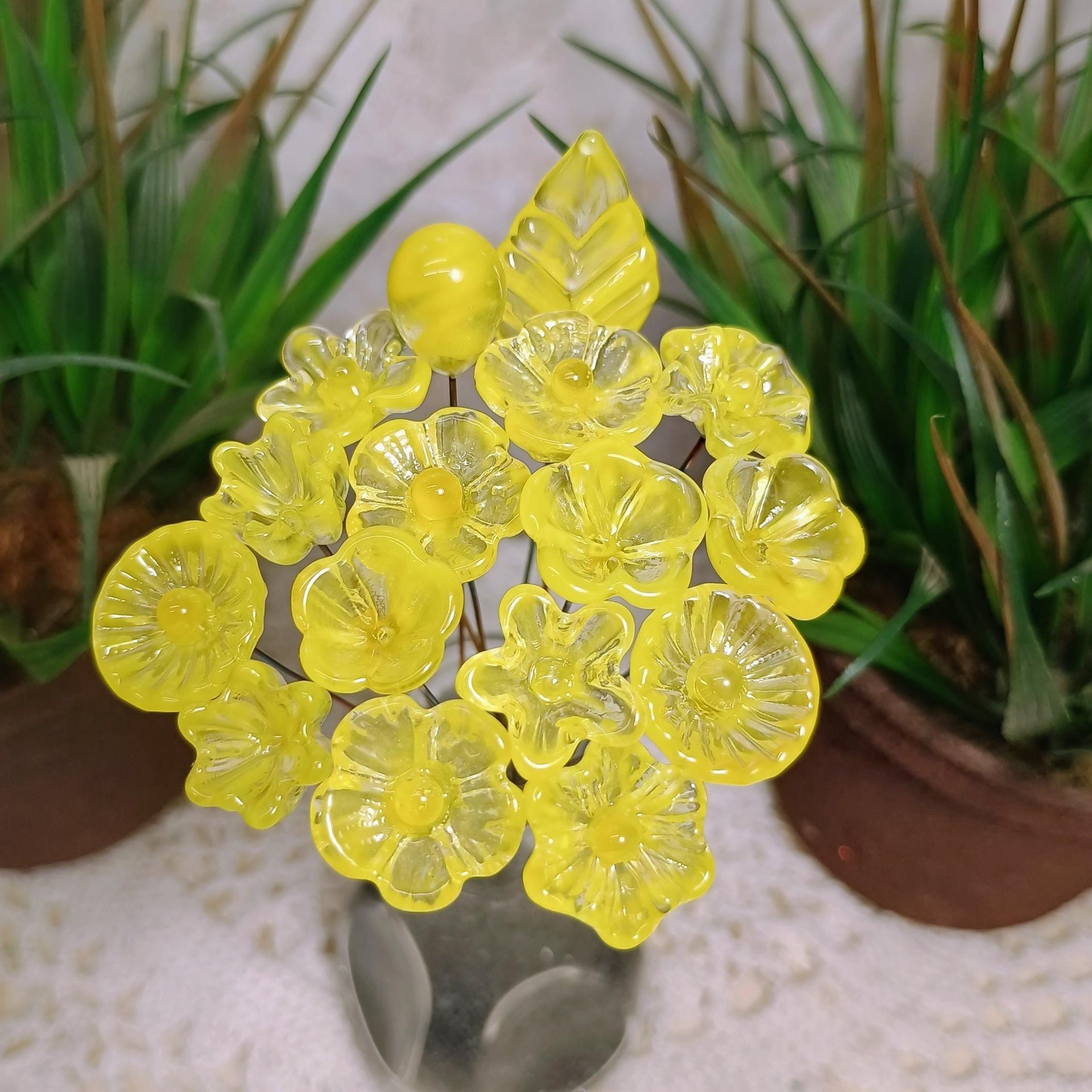 Bright Yellow Glass Flowers: Lampwork headpins yellow and clear wispy; Jewelry Making, wedding decor, place settings, each handcrafted by me