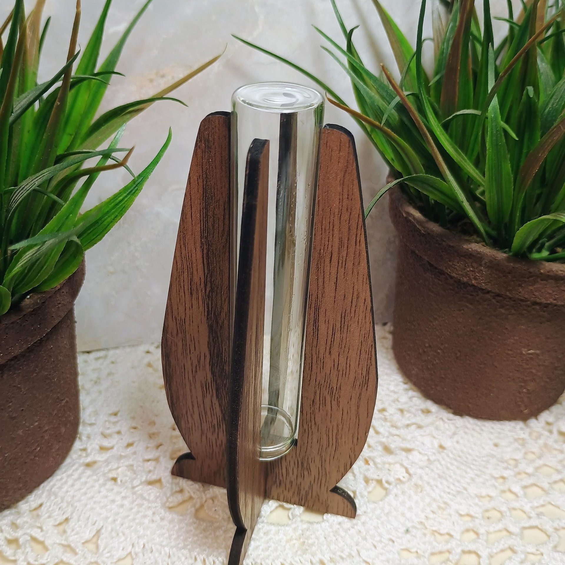 Wooden Elegant Modern Water Test Tube Flower Holder, propagation stand, small flower vase, glass water tube, minimalist wood