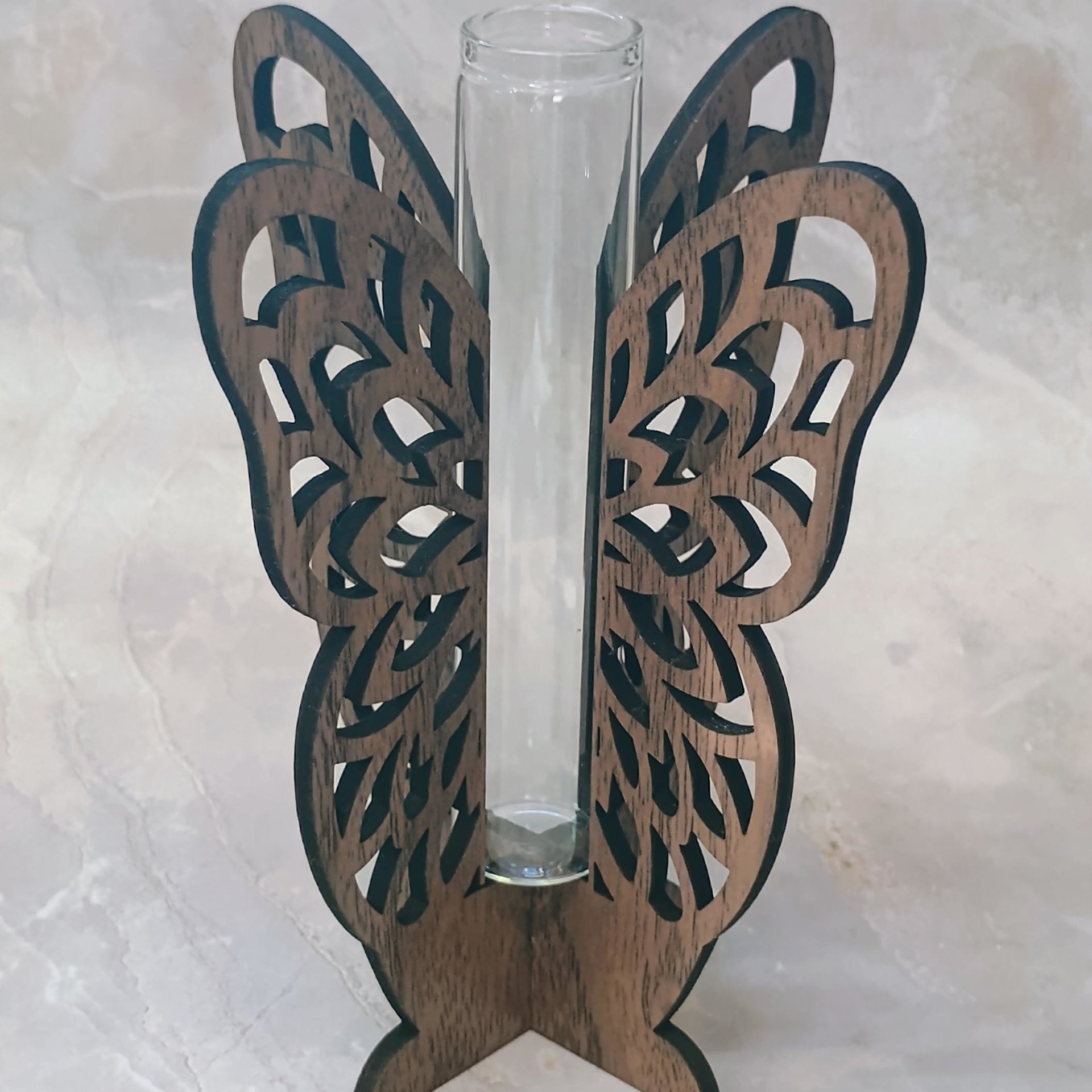 Wooden Butterfly Wings Test Tube Flower Holder, propagation stand, small flower vase, glass water tube, gift for garden and plant lover