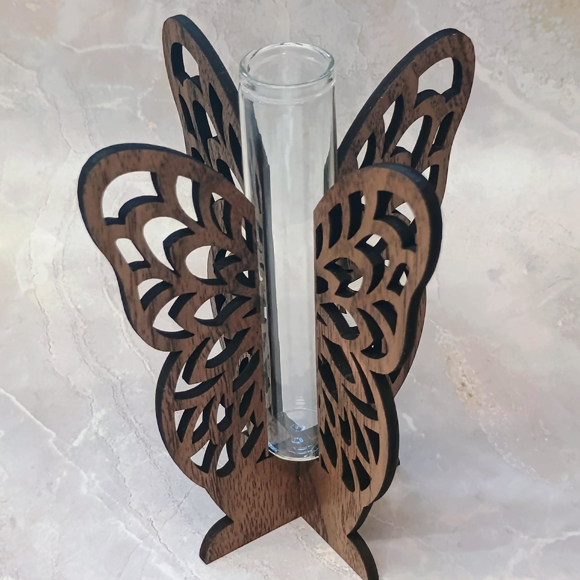 Wooden Butterfly Wings Test Tube Flower Holder, propagation stand, small flower vase, glass water tube, gift for garden and plant lover