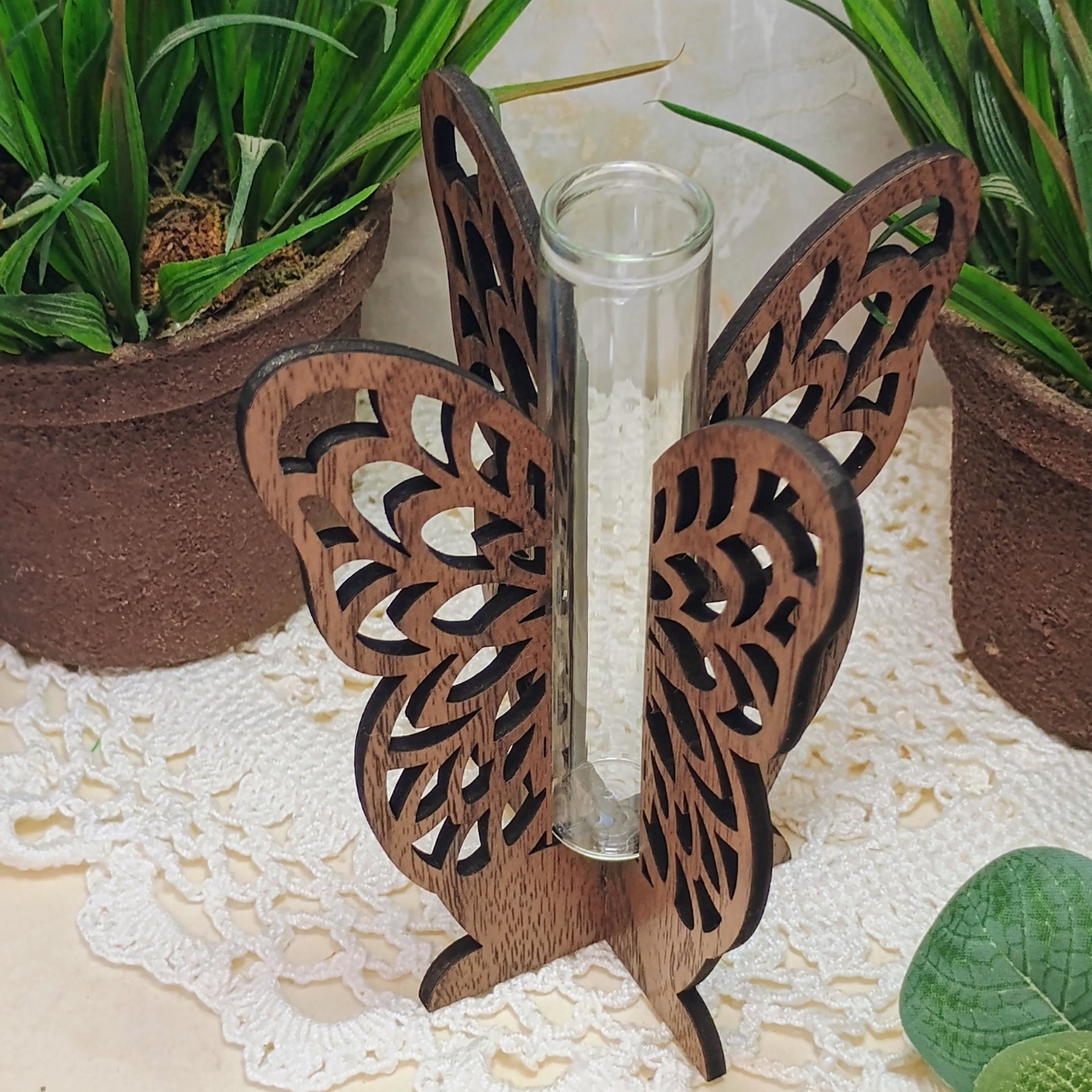 Wooden Butterfly Wings Test Tube Flower Holder, propagation stand, small flower vase, glass water tube, gift for garden and plant lover