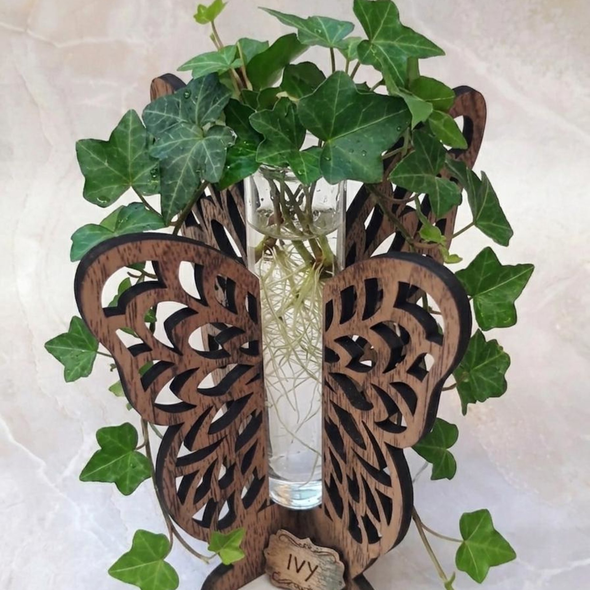 Wooden Butterfly Wings Test Tube Flower Holder, propagation stand, small flower vase, glass water tube, gift for garden and plant lover