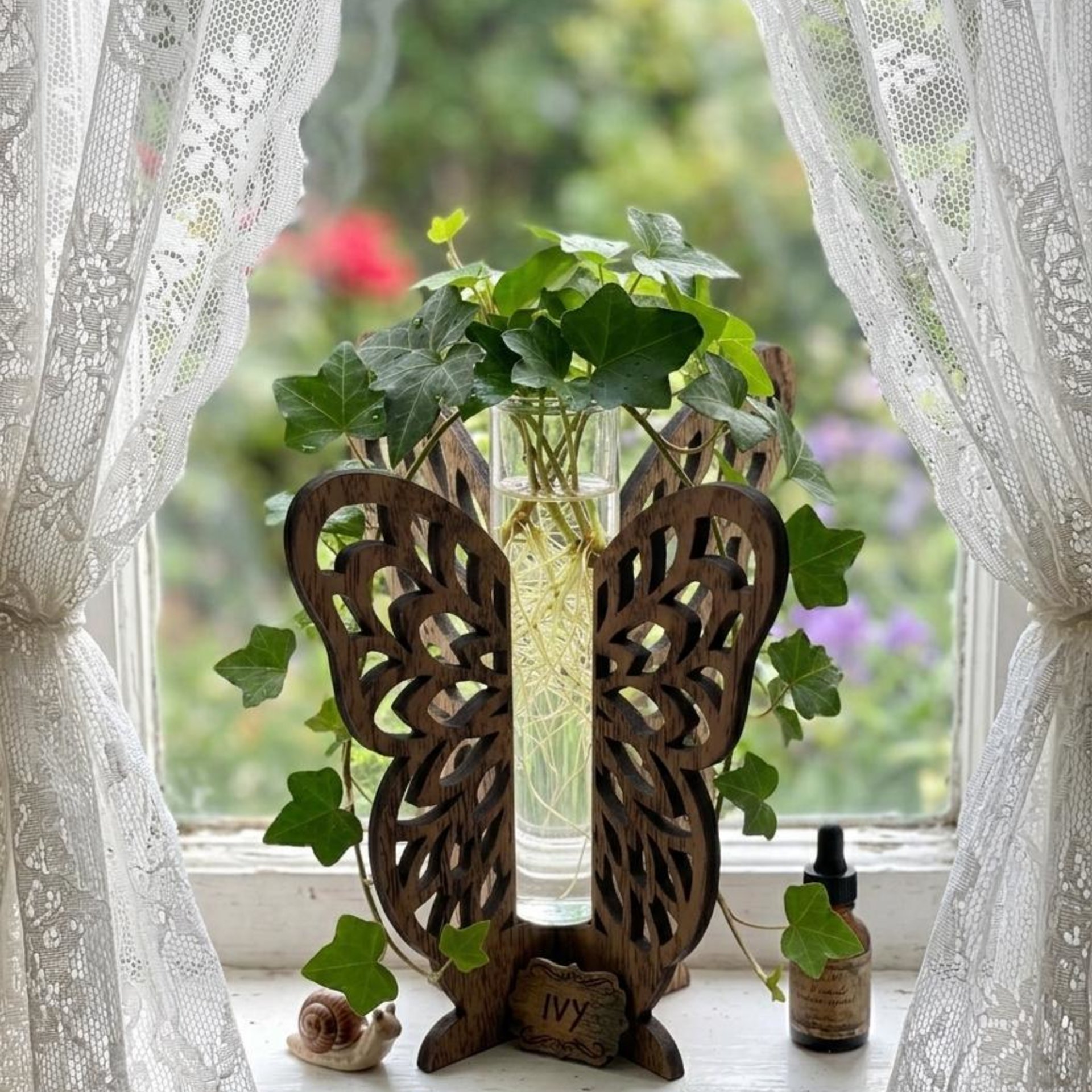 Wooden Butterfly Wings Test Tube Flower Holder, propagation stand, small flower vase, glass water tube, gift for garden and plant lover