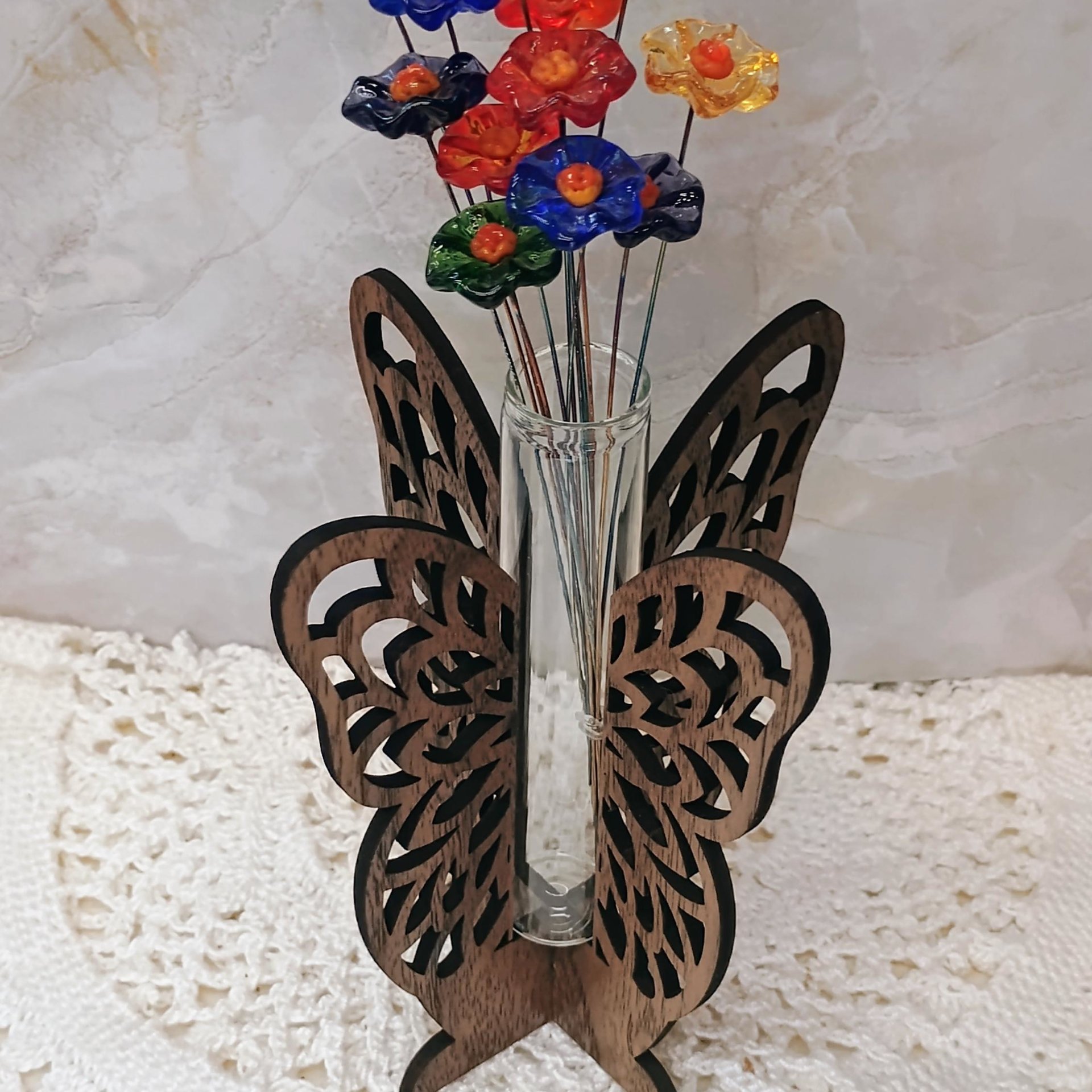Wooden Butterfly Wings Test Tube Flower Holder, propagation stand, small flower vase, glass water tube, gift for garden and plant lover