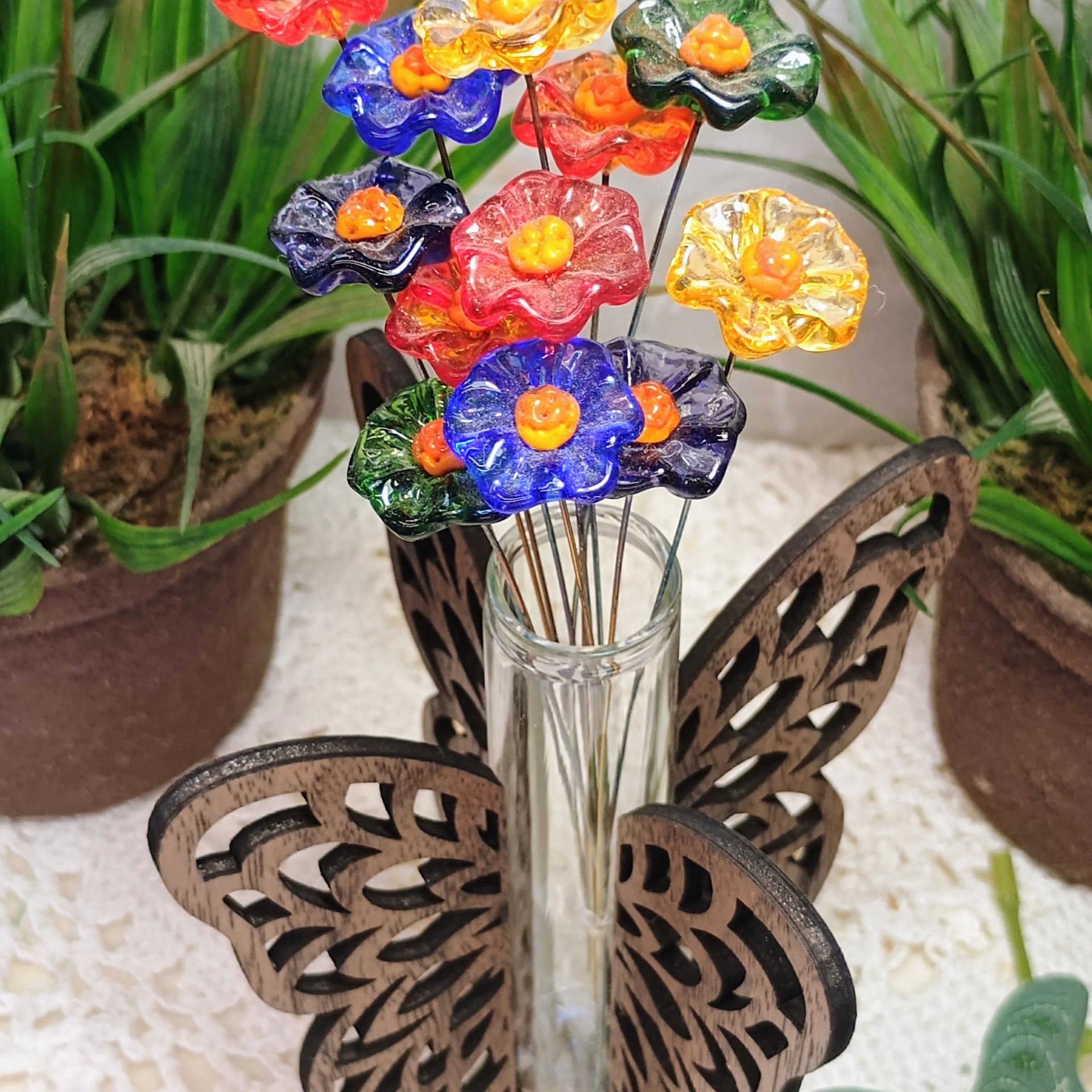 Wooden Butterfly Wings Test Tube Flower Holder, propagation stand, small flower vase, glass water tube, gift for garden and plant lover