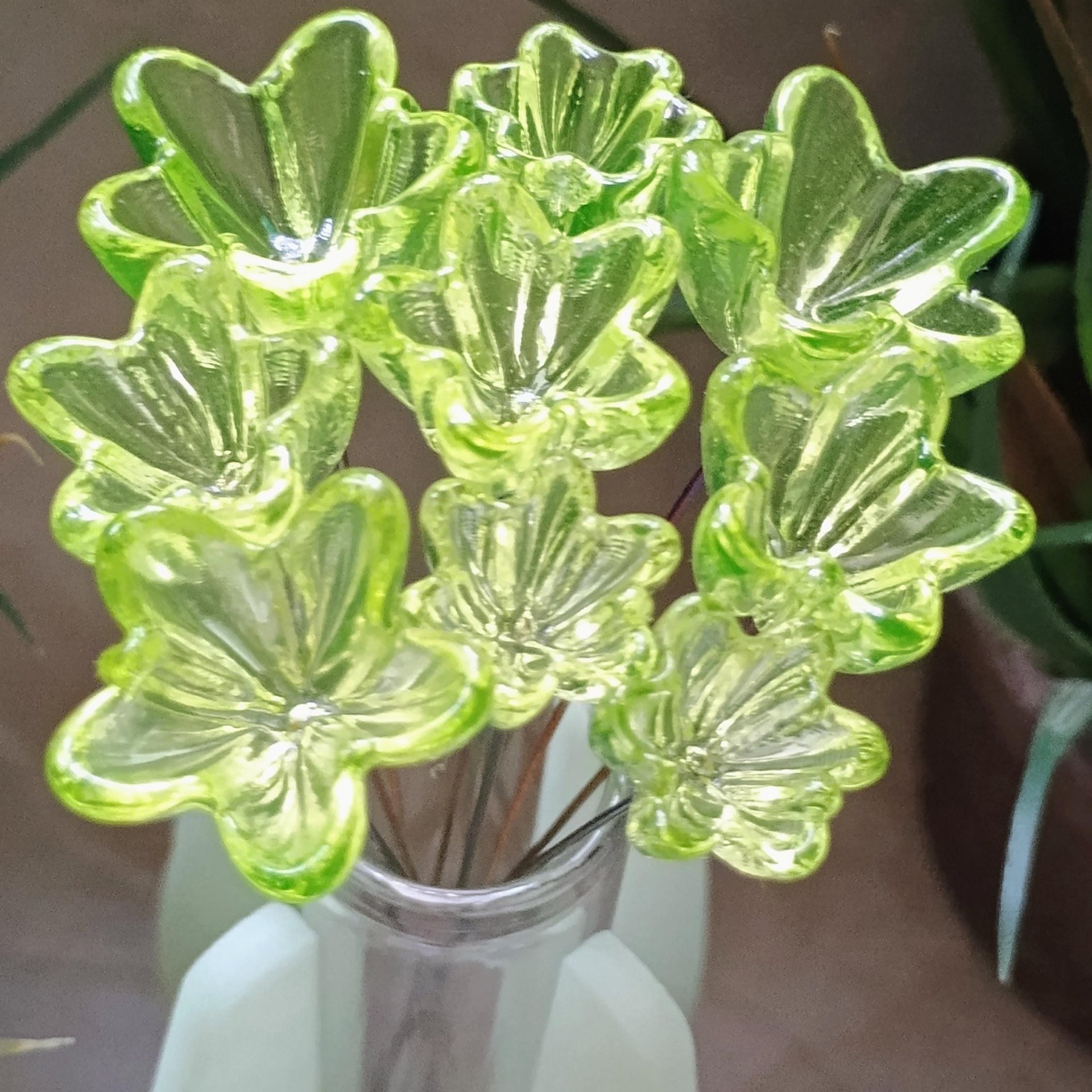 NEW!  Variety Set of 12+16+20mm Uranium Glass Flowers,  on 5in wire. Use in floral bouquet, plant pick, jewelry, gifts; bright glow 395nm