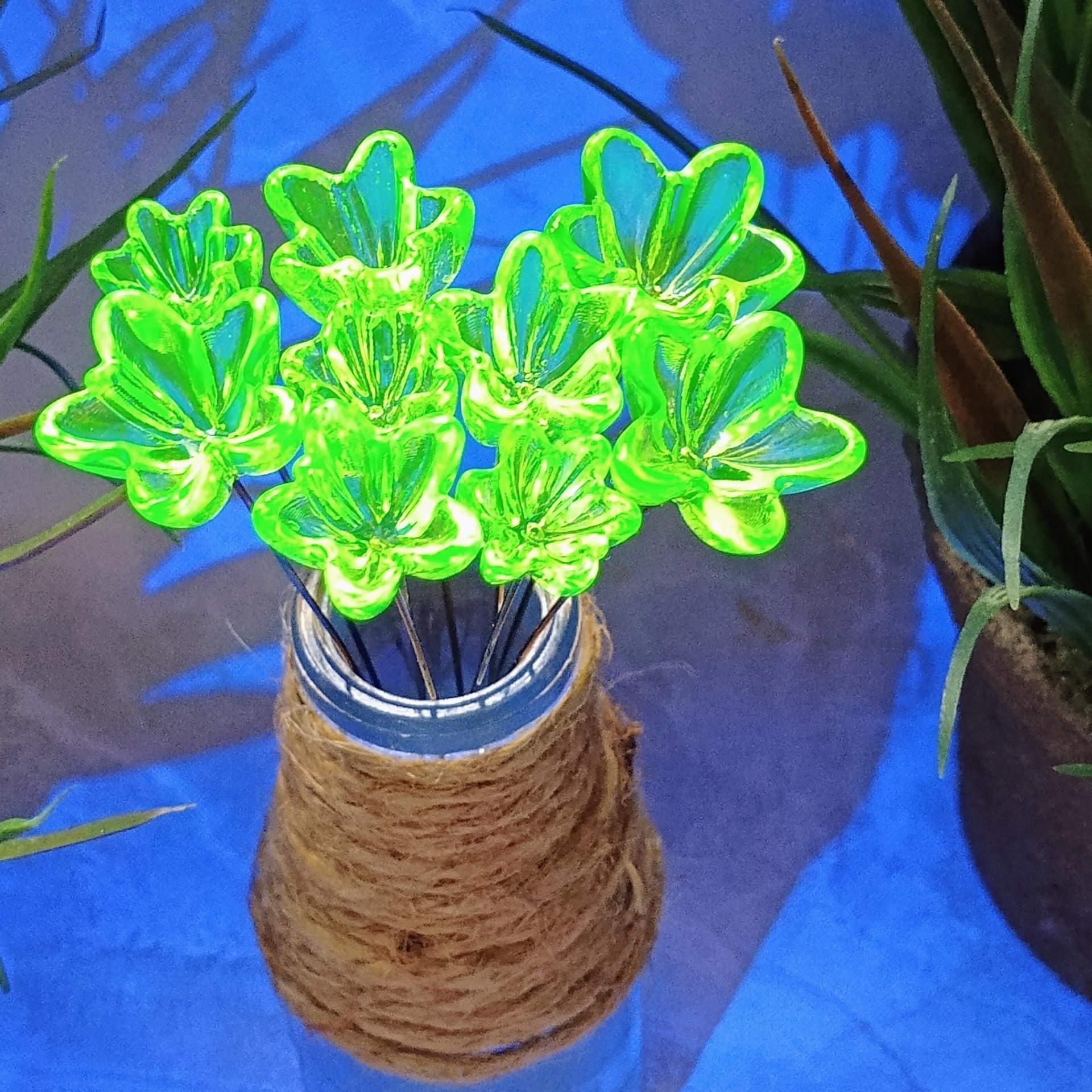 NEW!  Variety Set of 12+16+20mm Uranium Glass Flowers,  on 5in wire. Use in floral bouquet, plant pick, jewelry, gifts; bright glow 395nm