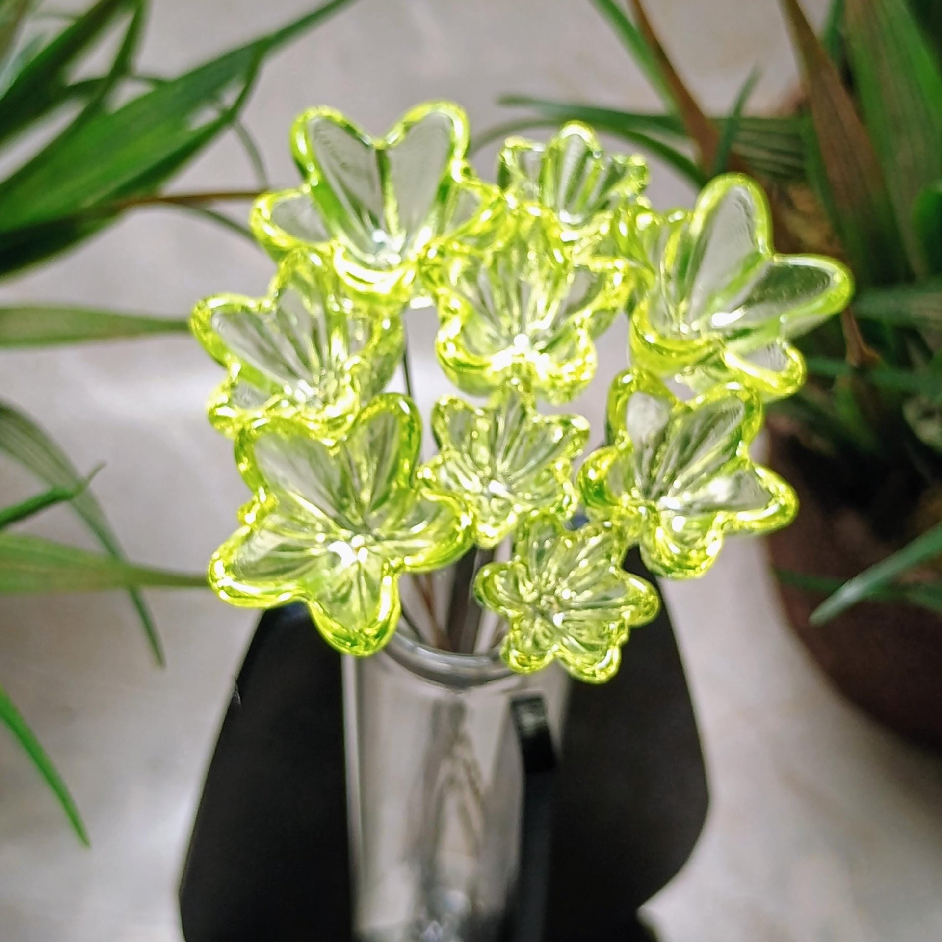 NEW!  Variety Set of 12+16+20mm Uranium Glass Flowers,  on 5in wire. Use in floral bouquet, plant pick, jewelry, gifts; bright glow 395nm