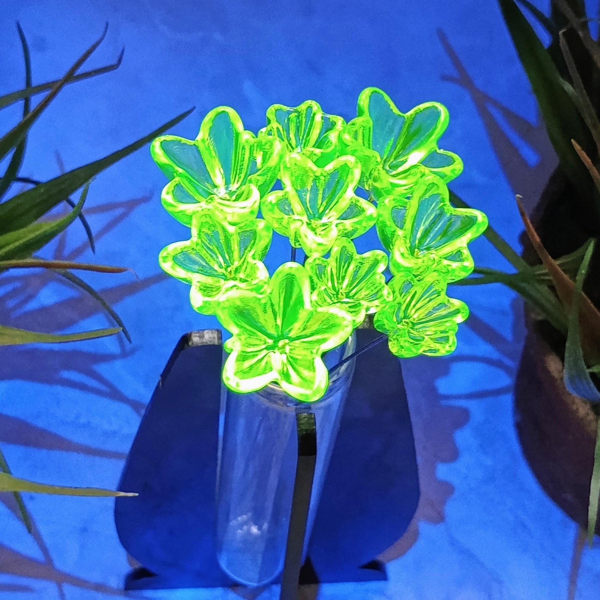 NEW!  Variety Set of 12+16+20mm Uranium Glass Flowers,  on 5in wire. Use in floral bouquet, plant pick, jewelry, gifts; bright glow 395nm
