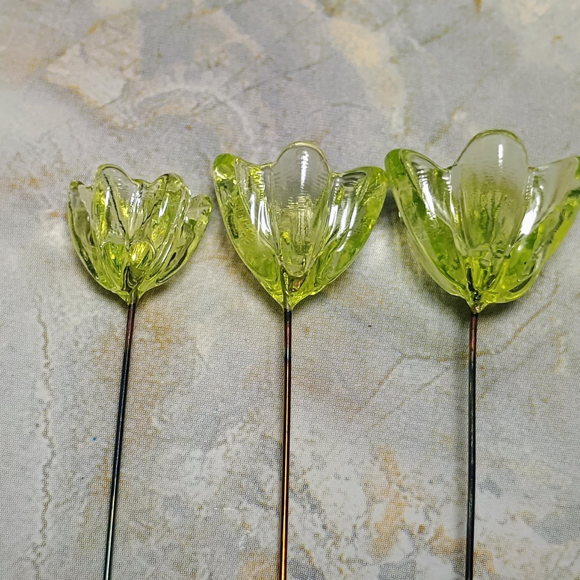NEW!  Variety Set of 12+16+20mm Uranium Glass Flowers,  on 5in wire. Use in floral bouquet, plant pick, jewelry, gifts; bright glow 395nm
