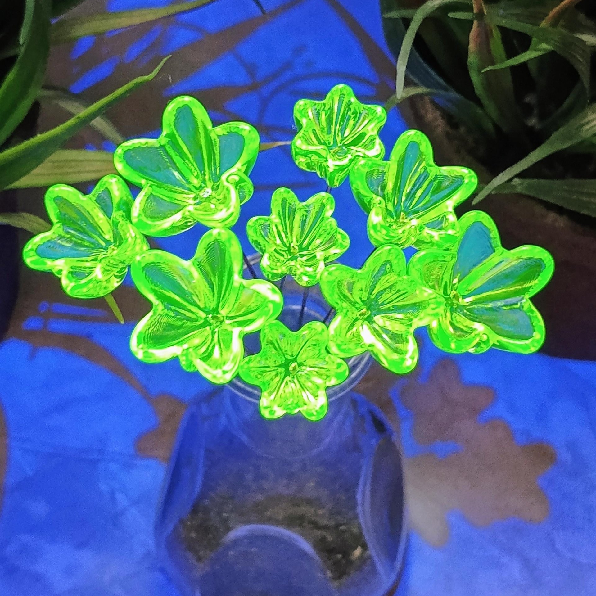 NEW!  Variety Set of 12+16+20mm Uranium Glass Flowers,  on 5in wire. Use in floral bouquet, plant pick, jewelry, gifts; bright glow 395nm