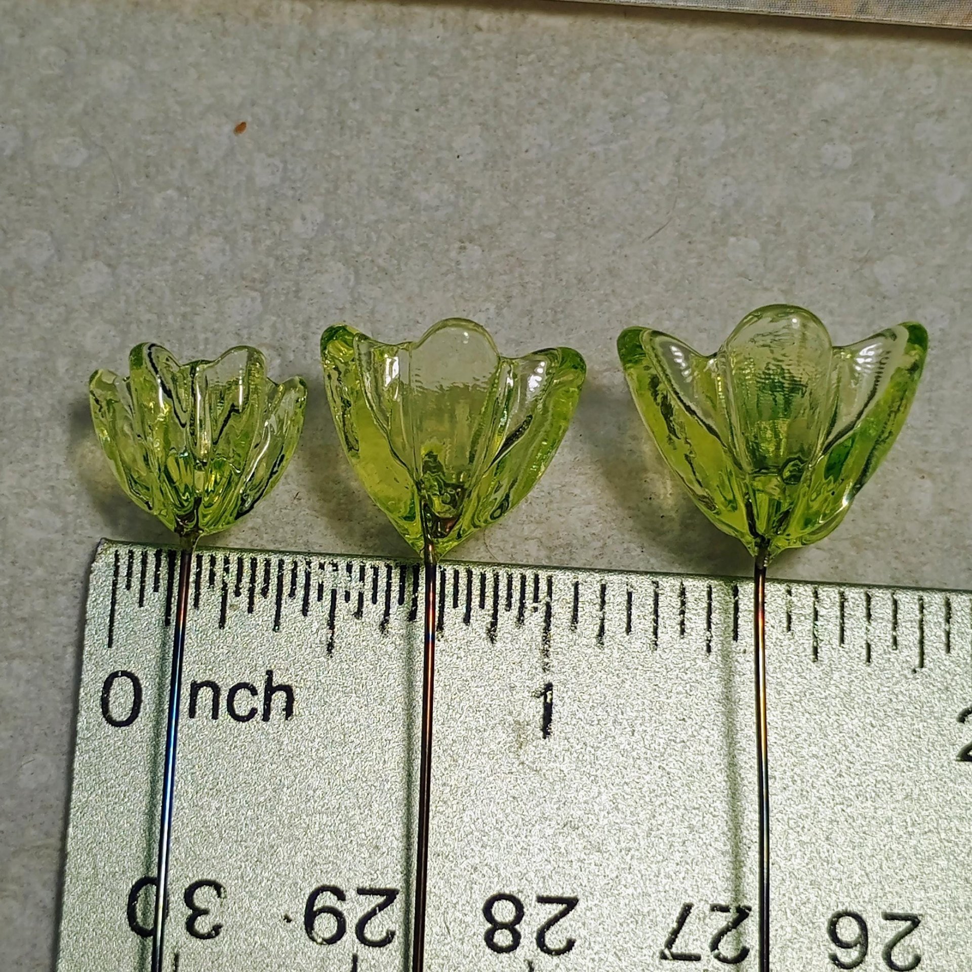 NEW!  Variety Set of 12+16+20mm Uranium Glass Flowers,  on 5in wire. Use in floral bouquet, plant pick, jewelry, gifts; bright glow 395nm