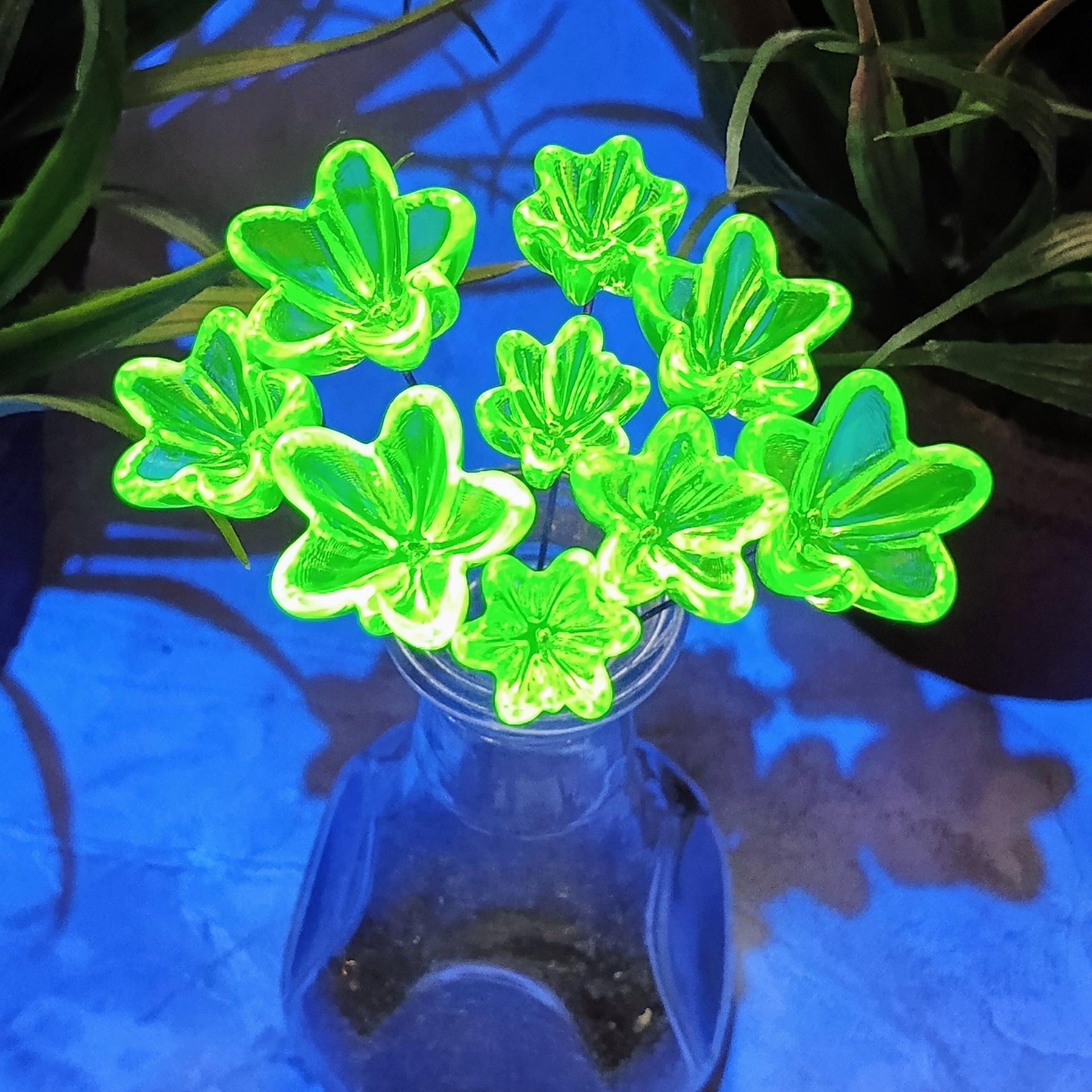 NEW!  Variety Set of 12+16+20mm Uranium Glass Flowers,  on 5in wire. Use in floral bouquet, plant pick, jewelry, gifts; bright glow 395nm