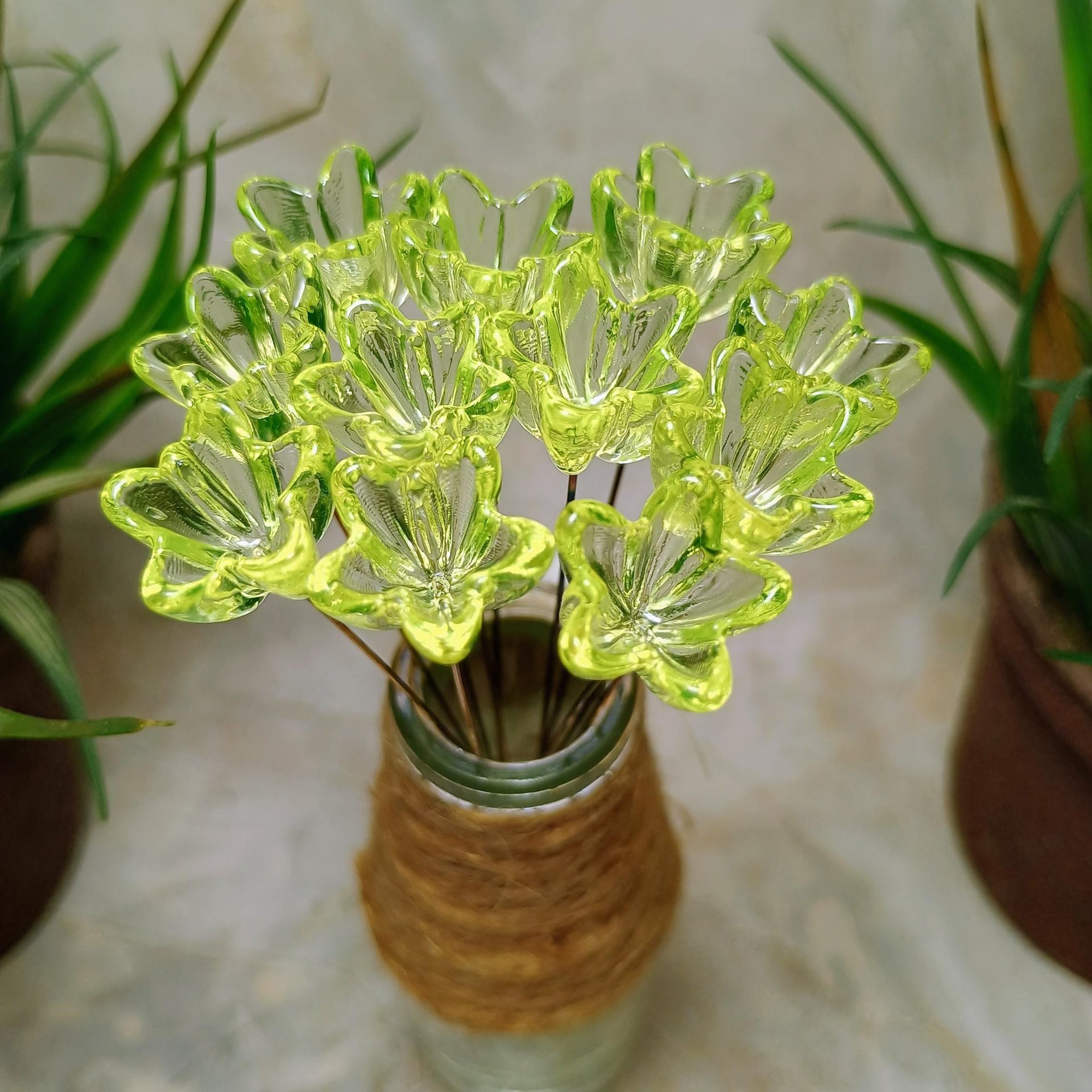 NEW! 16mm Uranium glass Flower, Medium (5/8") starflower on 5in wire. Use in floral bouquet, plant pick, jewelry, gifts; bright glow 395nm