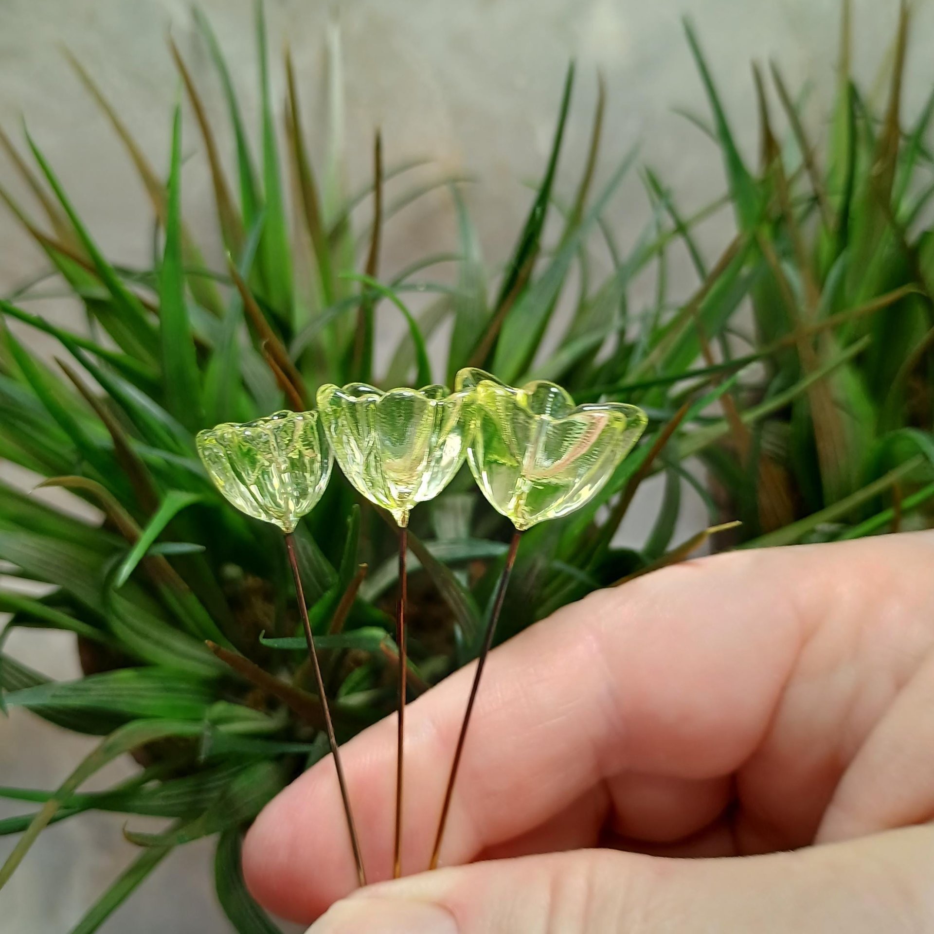 NEW!  Variety Set of 12+16+20mm Uranium Glass Flowers,  on 5in wire. Use in floral bouquet, plant pick, jewelry, gifts; bright glow 395nm