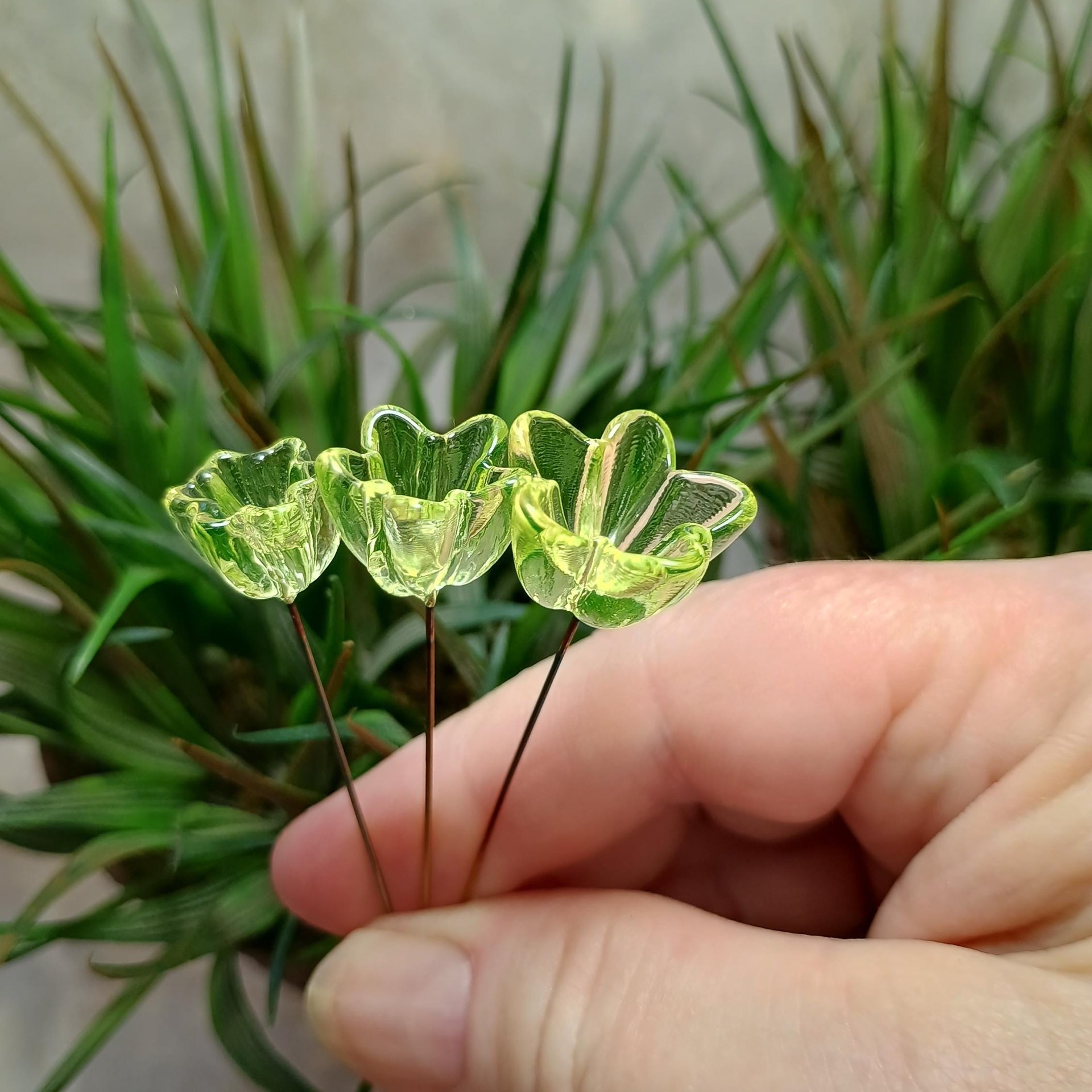 NEW!  Variety Set of 12+16+20mm Uranium Glass Flowers,  on 5in wire. Use in floral bouquet, plant pick, jewelry, gifts; bright glow 395nm
