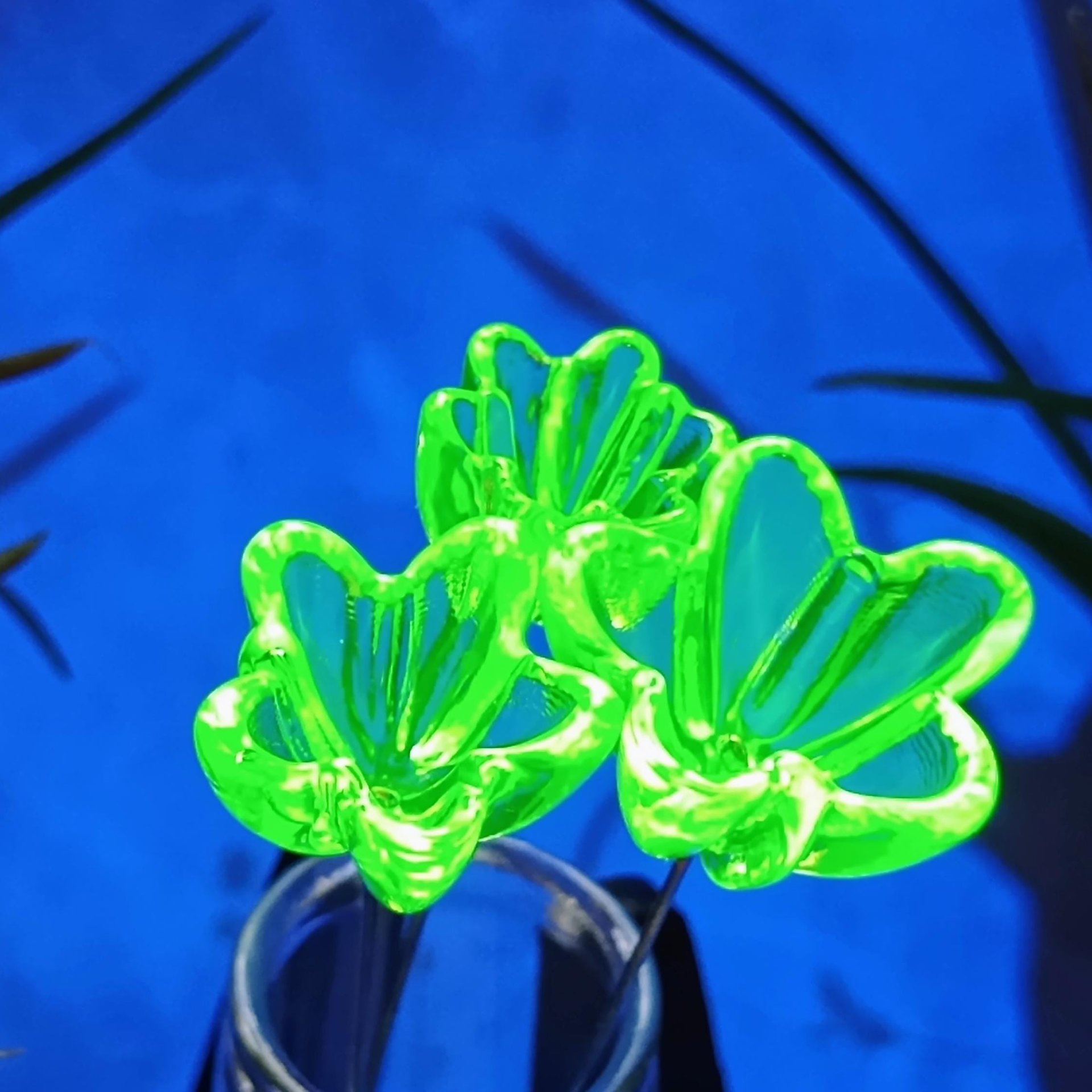 NEW!  Variety Set of 12+16+20mm Uranium Glass Flowers,  on 5in wire. Use in floral bouquet, plant pick, jewelry, gifts; bright glow 395nm