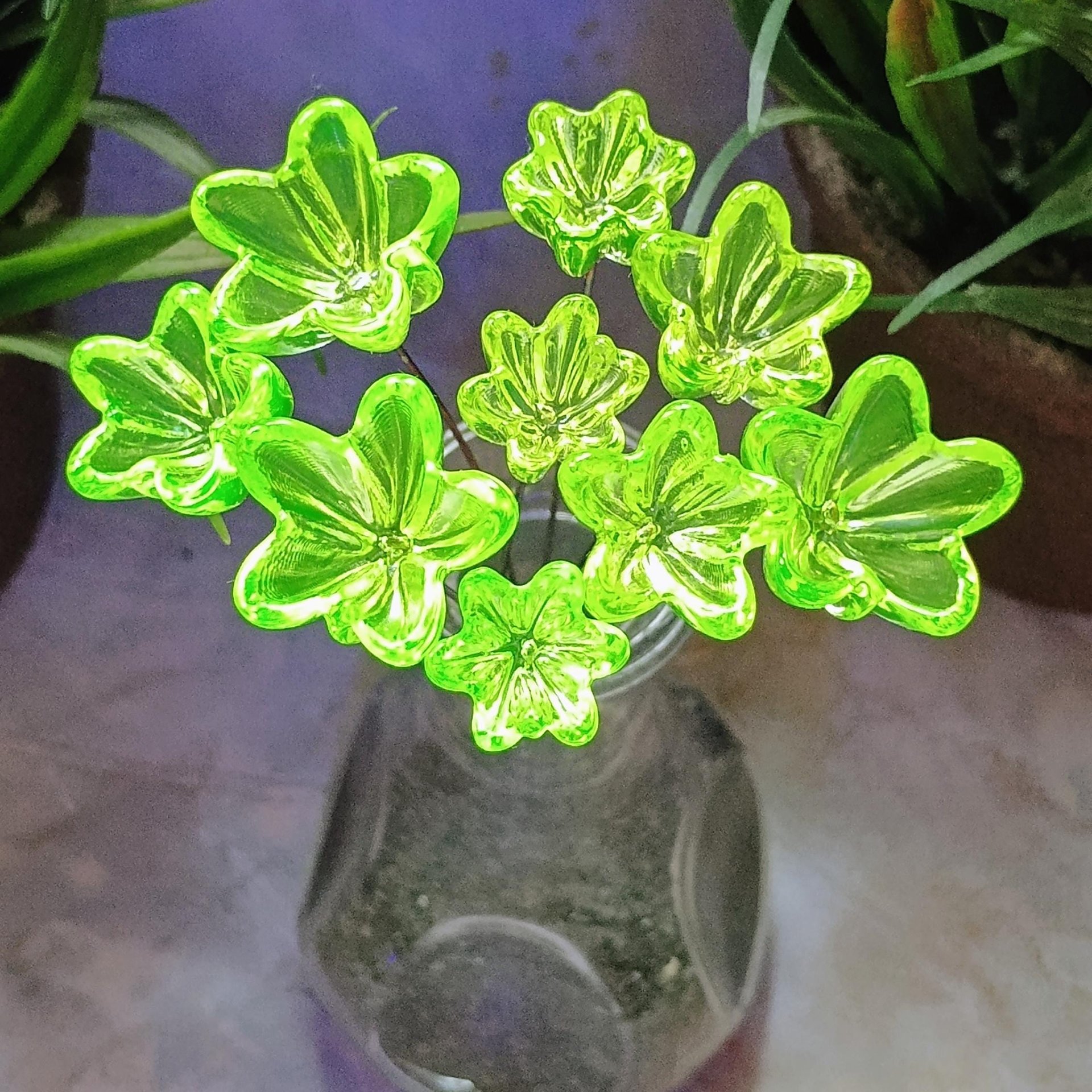 NEW!  Variety Set of 12+16+20mm Uranium Glass Flowers,  on 5in wire. Use in floral bouquet, plant pick, jewelry, gifts; bright glow 395nm