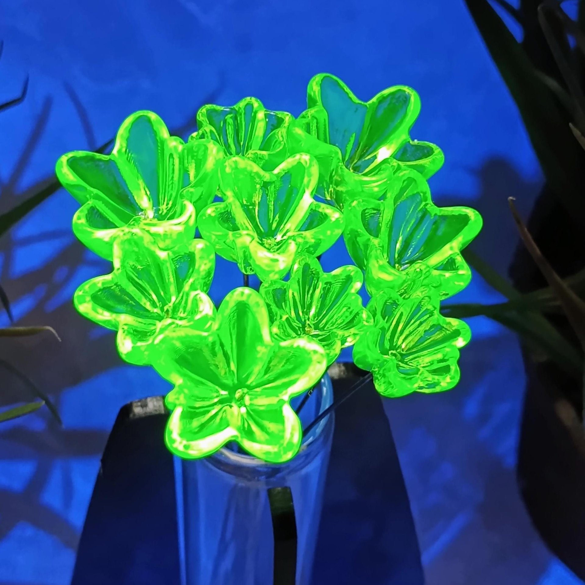 NEW!  Variety Set of 12+16+20mm Uranium Glass Flowers,  on 5in wire. Use in floral bouquet, plant pick, jewelry, gifts; bright glow 395nm