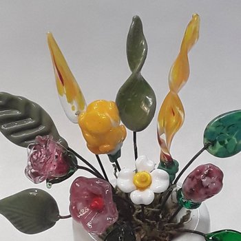 Miniature bouquet of glass flowers - vintage yellow finch vase