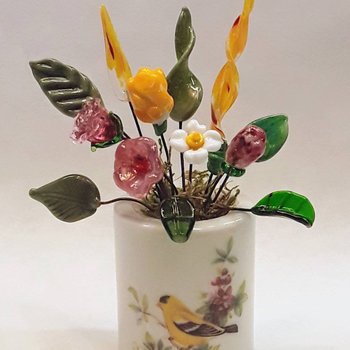 Miniature bouquet of glass flowers - vintage yellow finch vase