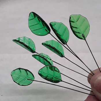Bent Medium Green Leaf - Glass Leaf Headpins, tiny small glass leaf shape on wire, bouquets, mixed media, mosaic, jewelry, wedding decor
