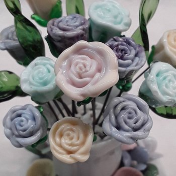 A dozen glass roses bouquet- vintage porcelain vase