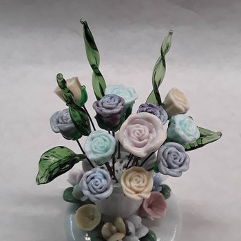 A dozen glass roses bouquet- vintage porcelain vase
