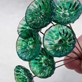 Lilypad Coral Disk glass flowers, tiny small mini glass flowers on wire; handcrafted lampwork, jewelry, mixed media, cabin, wedding, gift