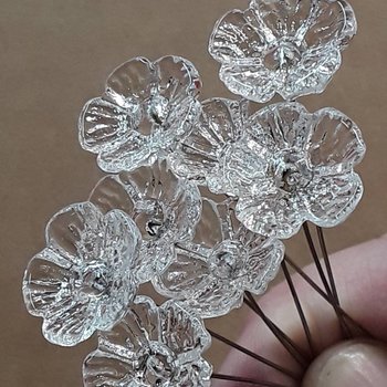 Crystal Clear glass flower headpins (April Birthstone) mini tiny small glass flowers on wire;  lampwork, jewelry, mixed media, wedding, gifts