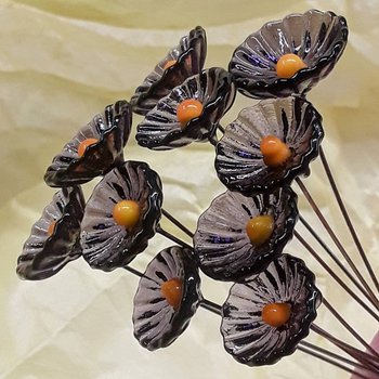 Purple & Gold Coral Disk mini tiny small glass flowers on wire;handcrafted lampwork, alumni school spirit, jewelry, wedding, great gifts