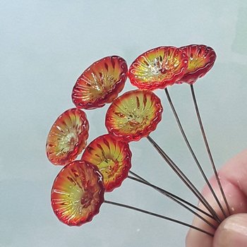 FIRE CORAL DISK glass flower headpins  ~ tiny, small, miniature glass flowers on wire; individually crafted lampwork  uv reactive glow