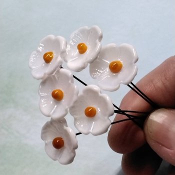 White 5-petal with yellow center glass flower headpins, tiny small mini glass flowers on wire; lampwork, jewelry, mixed media, wedding, gift