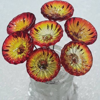 FIRE CORAL DISK glass flower headpins  ~ tiny, small, miniature glass flowers on wire; individually crafted lampwork  uv reactive glow
