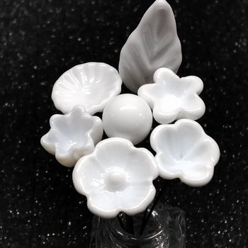 Solid White MILK GLASS miniature glass flowers; tiny small mini glass flowers on wire; lampwork, jewelry, mixed media, wedding, gifts