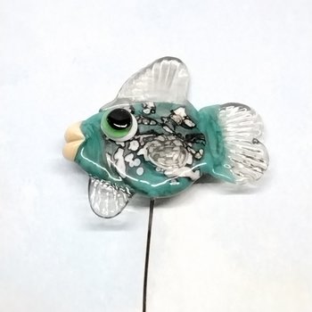 NEW! TURQUOISE FISH glass miniature 5" high; small, tiny fish sculpture on wire  ~ tiny, small miniature glass sculpture