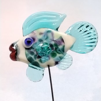 AQUA PURPLE GLASS FISH glass miniature 5" high; handmade lampwork small fish sculpture on wire  ~ tiny small miniature glass sculpture